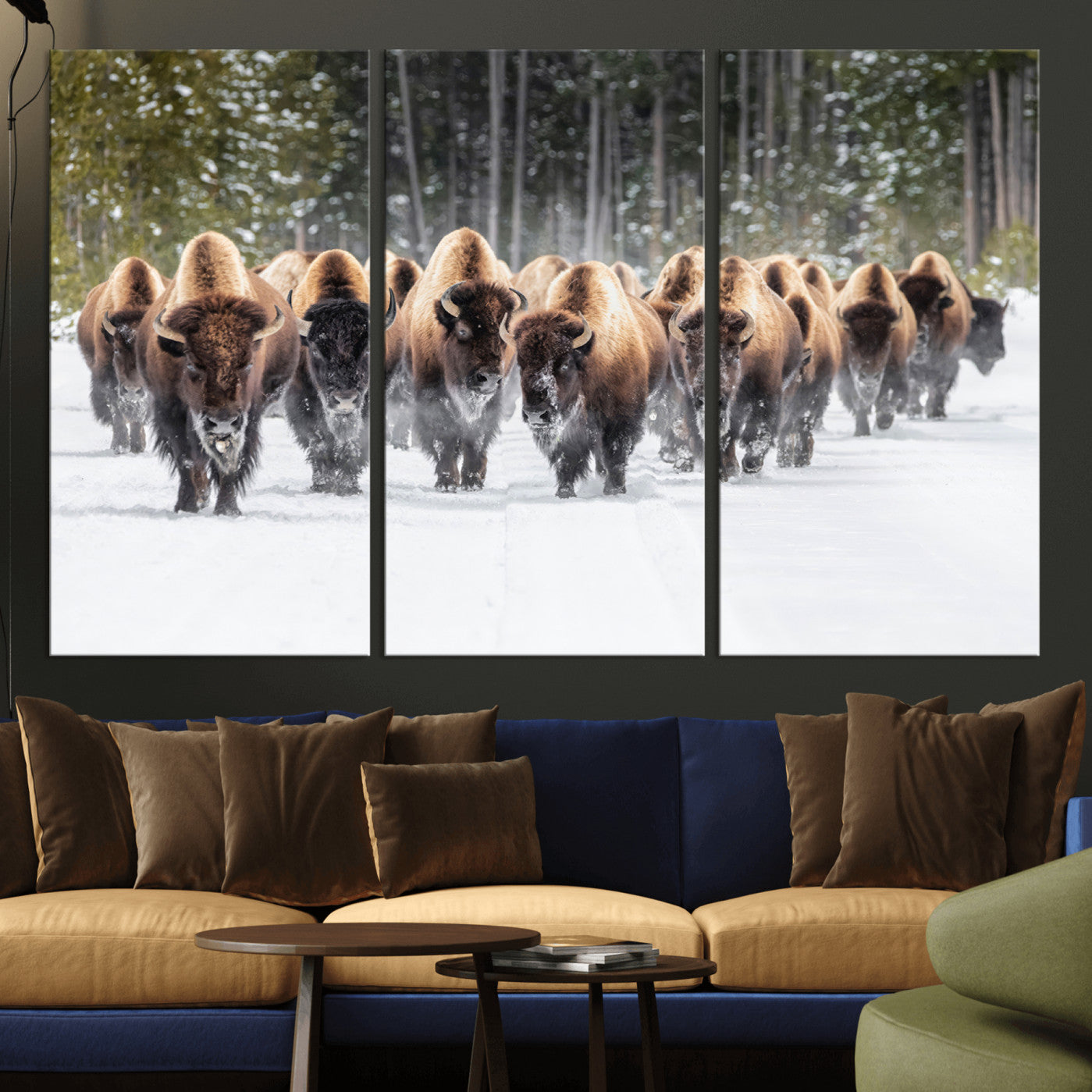 96906195-MGV-CV-48X32-3P - American Bison Herd Snow Canvas Wall Art – Powerful Winter Wildlife Print of Buffalo Motion, Rustic Lodge or Western Cabin Decor for Living Room, Office