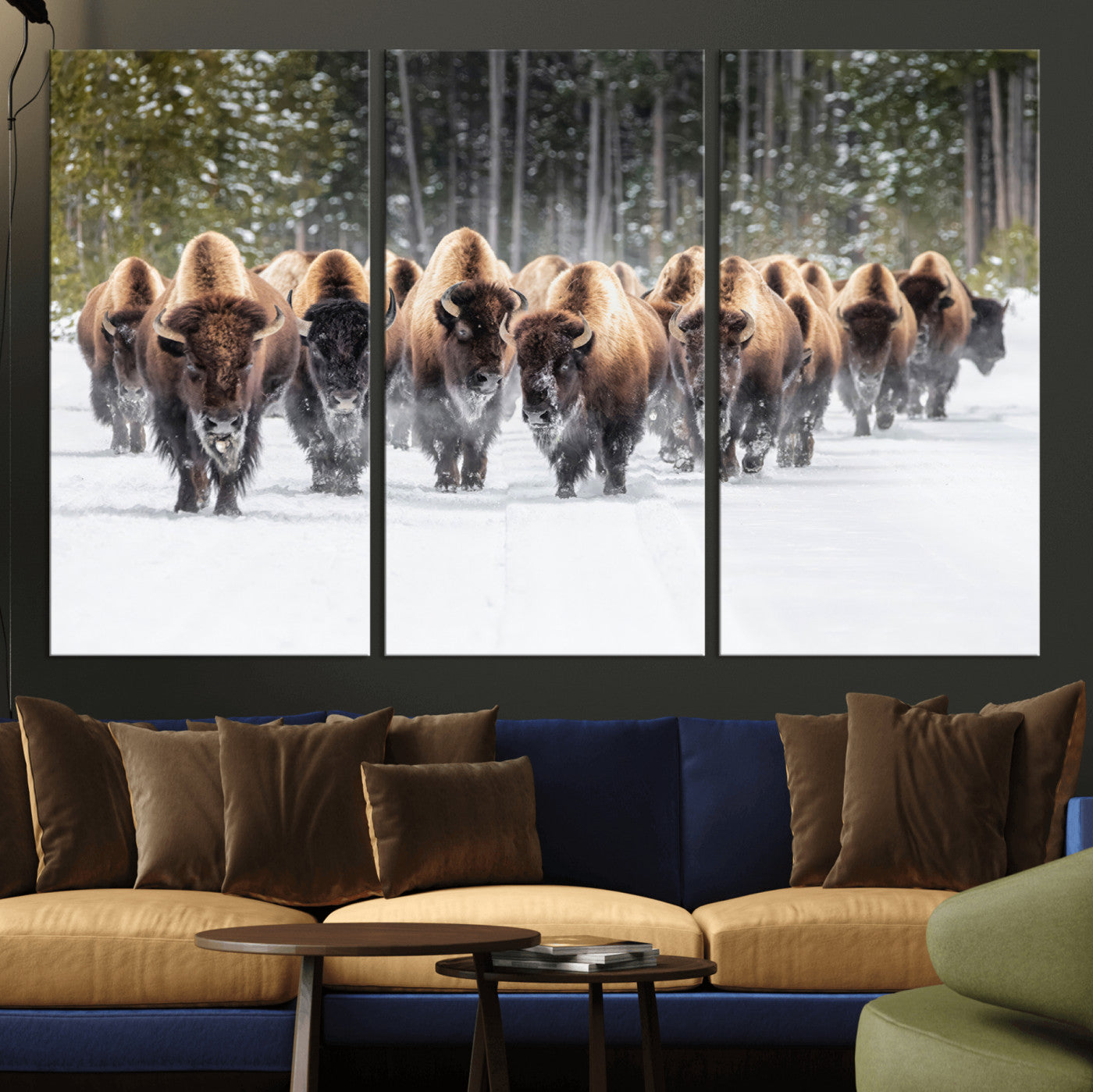 96906195-MGV-CV-48X32-3P - American Bison Herd Snow Canvas Wall Art – Powerful Winter Wildlife Print of Buffalo Motion, Rustic Lodge or Western Cabin Decor for Living Room, Office
