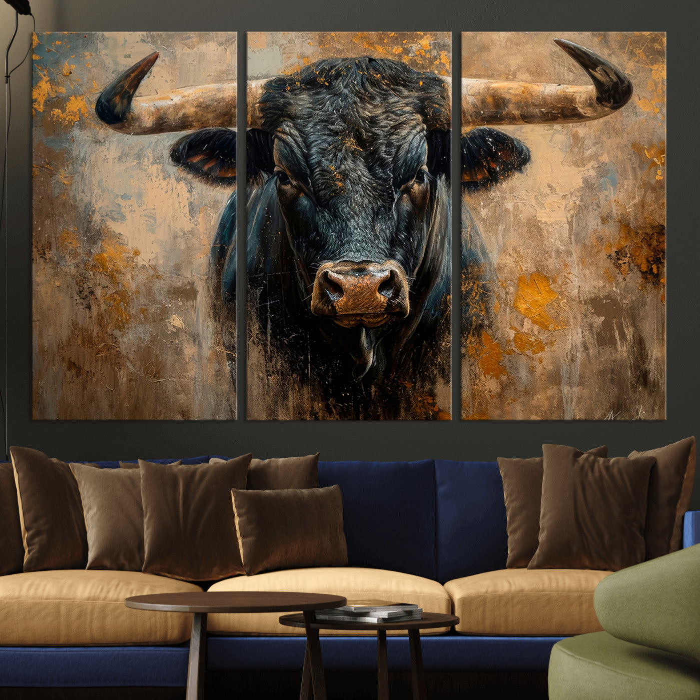 91615410-MGV-CV-36X24 - Abstract Texas Longhorn Bull Wall Art – Rustic Farmhouse Canvas Print, Western Cabin Style Decor, Large Animal Artwork for Living Room or Office