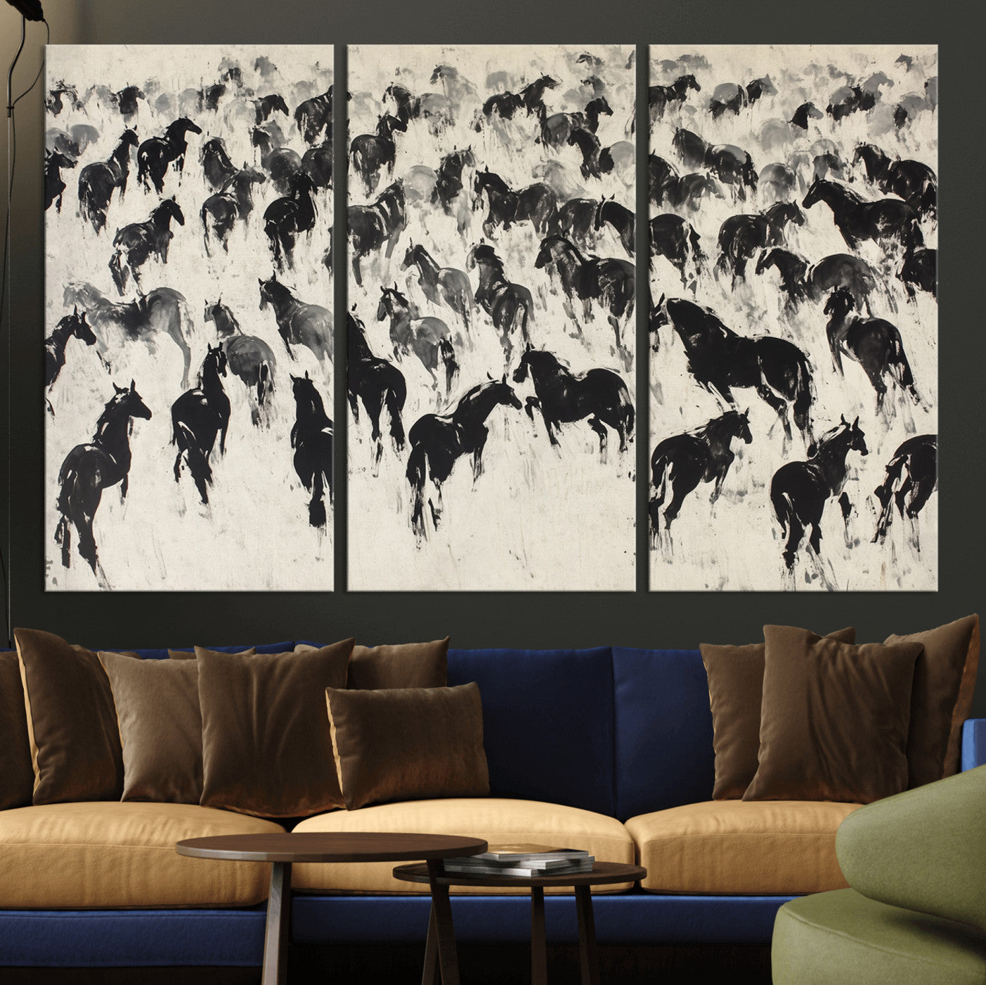 -Wild Horse Stampede Wall Art Canvas Print – Monochrome Running Horses Dynamic Motion Elegant Scene Artwork for Home, Office