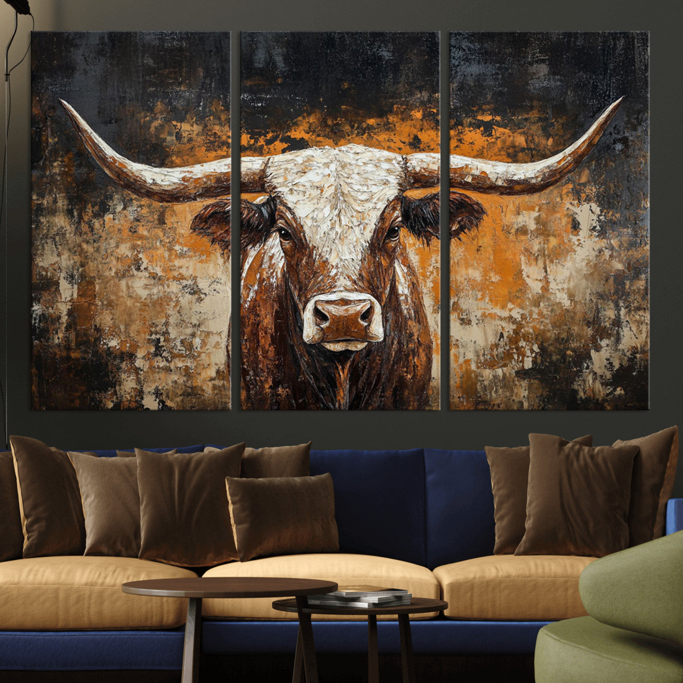 25265572-MGV-CV-36X24-Rustic Longhorn Bull Wall Art Canvas Print – Vintage Western Cattle Scene, Texas Steer Artwork for Home, Office