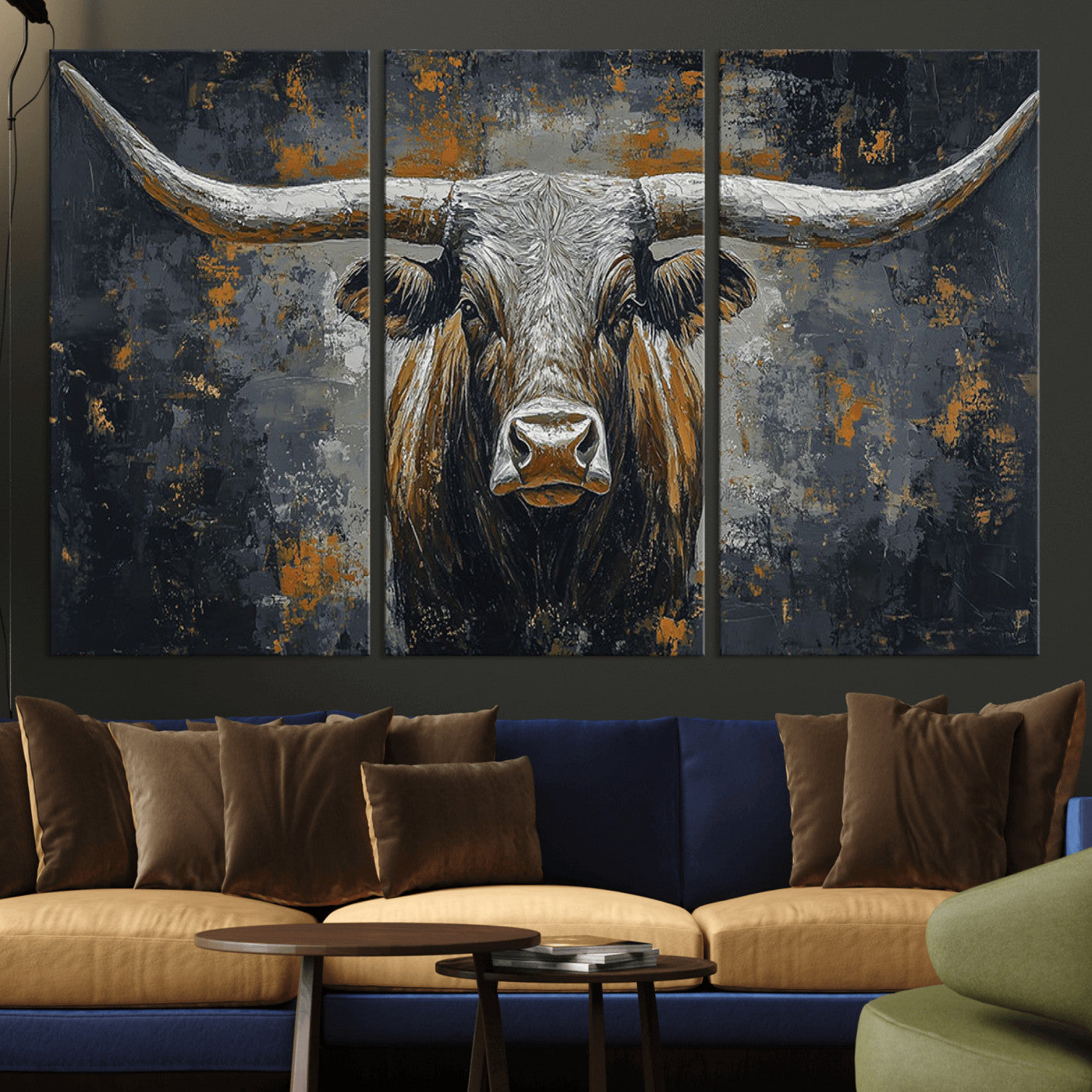 73972561-MGV-CV-36X24 - Bold Bull Wall Art Canvas – Striking Portrait with Wide Horns and Rich Brown Hues, Rustic Farmhouse and Western Decor for Home Room