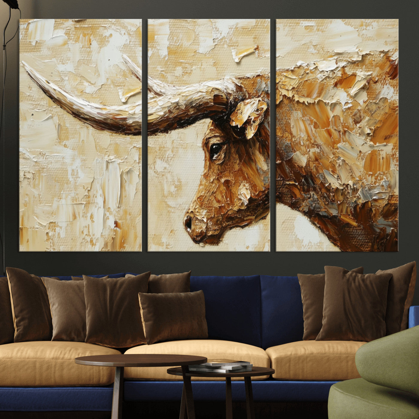 69611428-MGV-CV-36X24 - Rustic Longhorn Bull Wall Art Canvas Print – Vintage Western Cattle Painting, Texas Abstract Wall Cow Prints