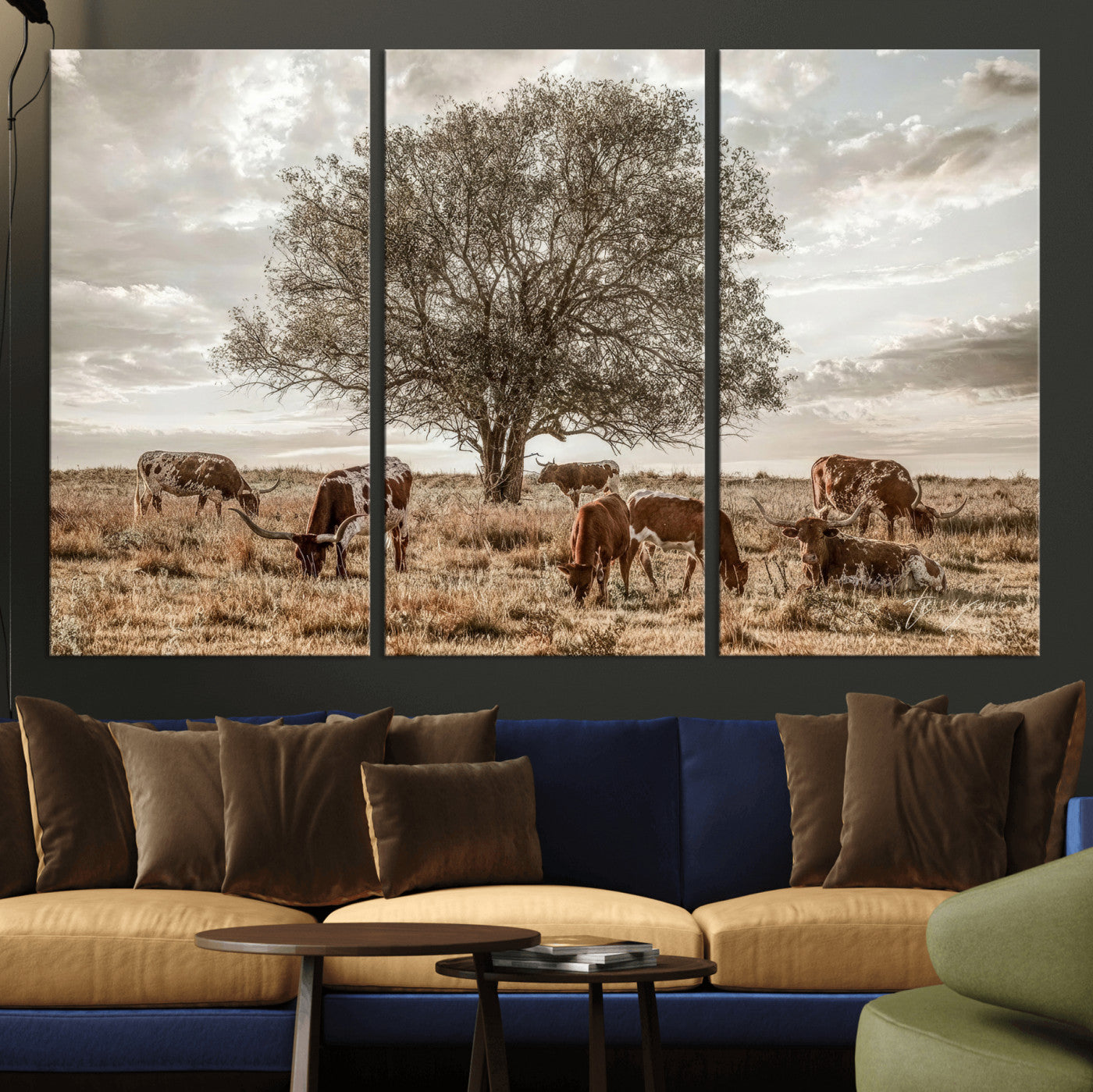 87590224-MGV-CV-36X24 - Texas Longhorn Cattle Wall Art Canvas Print – Rustic Western Ranch Scene with Steers at Sunset, Perfect for Farmhouse or Cowboy Decor