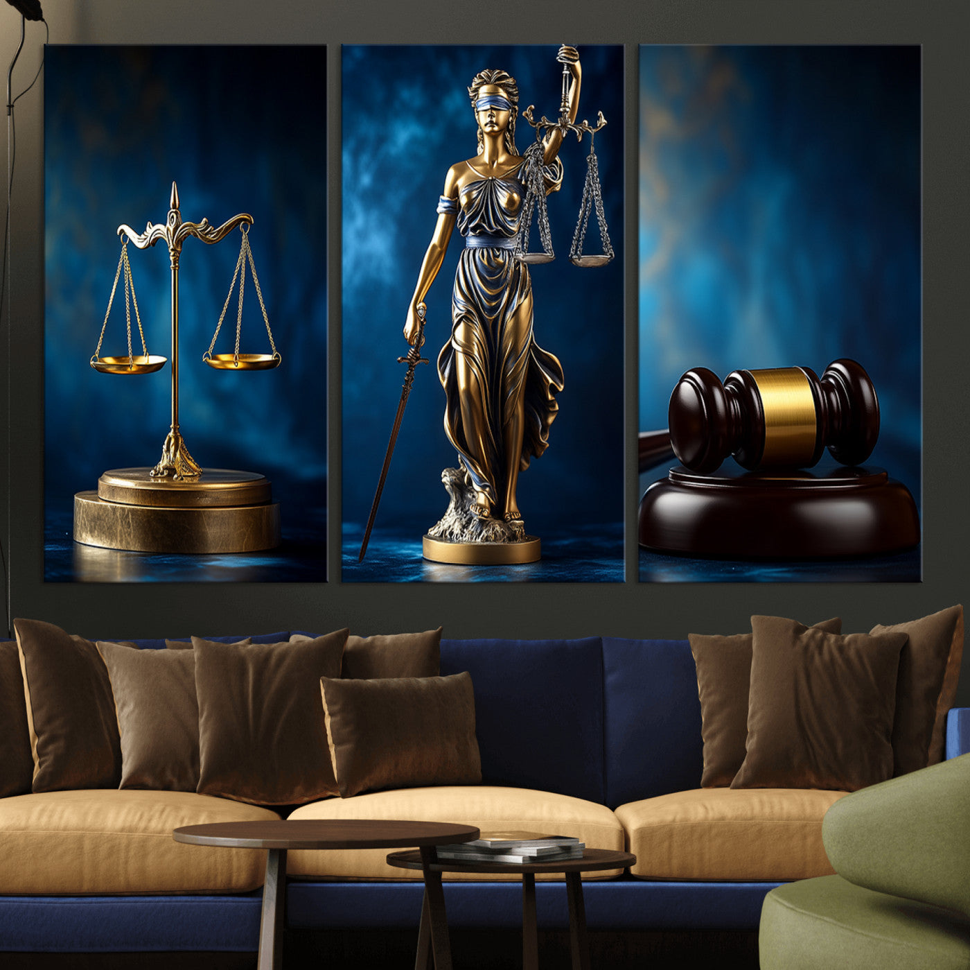 33888279-MGV-FP-36X24-3P_Walnut-Lady Justice Wall Art Canvas Print – Elegant Gold Legal Symbols Blue Background, Perfect for Law