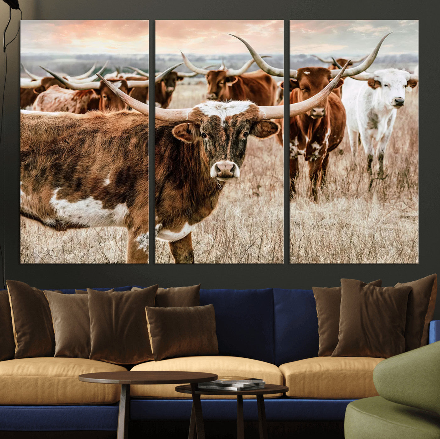 47758300-MGV-CV-36X24-Texas Longhorn Cattle Wall Art Canvas Print – Rustic Western Ranch Scene with Steers Sunset for Home, Office