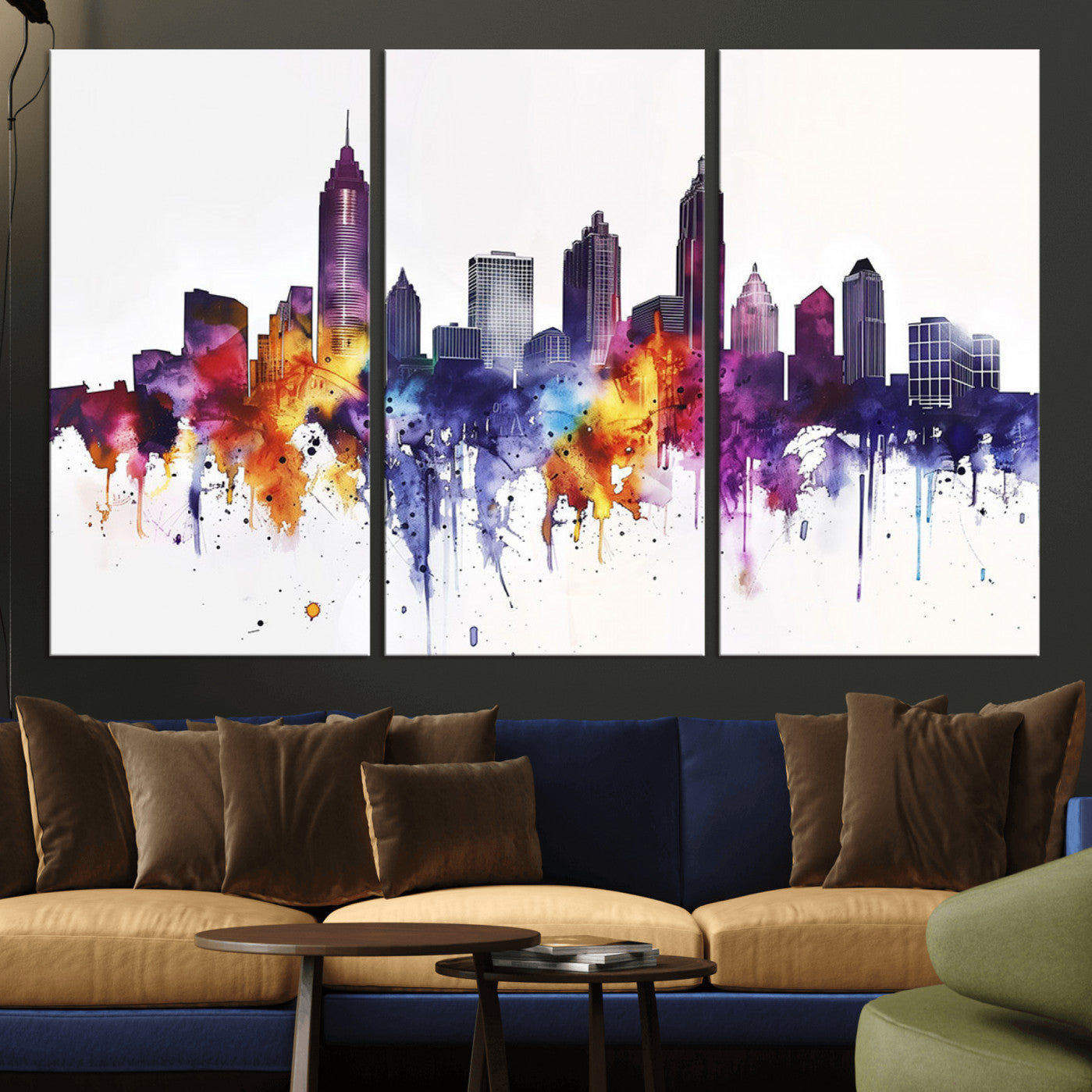 34479880-MGV-CV-36X24-Atlanta Skyline Wall Art Canvas Print – Framed Colorful Watercolor Cityscape Artwork for Home, Office, Living Room