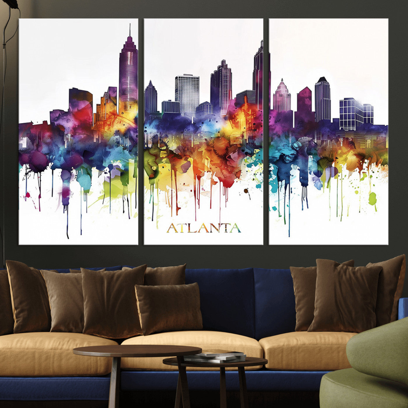 36048320-MGV-CV-36X24-Atlanta Skyline Wall Art Canvas Print – Framed Colorful Watercolor Cityscape Abstract Urban Artwork for Home, Office