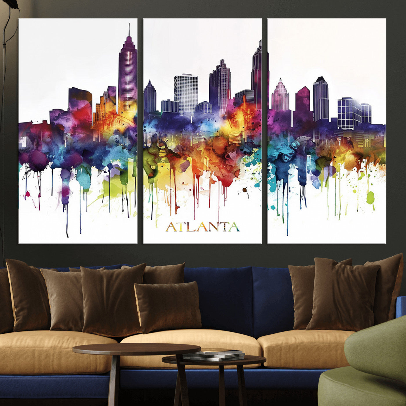 36048320-MGV-CV-36X24-Atlanta Skyline Wall Art Canvas Print – Framed Colorful Watercolor Cityscape Abstract Urban Artwork for Home, Office