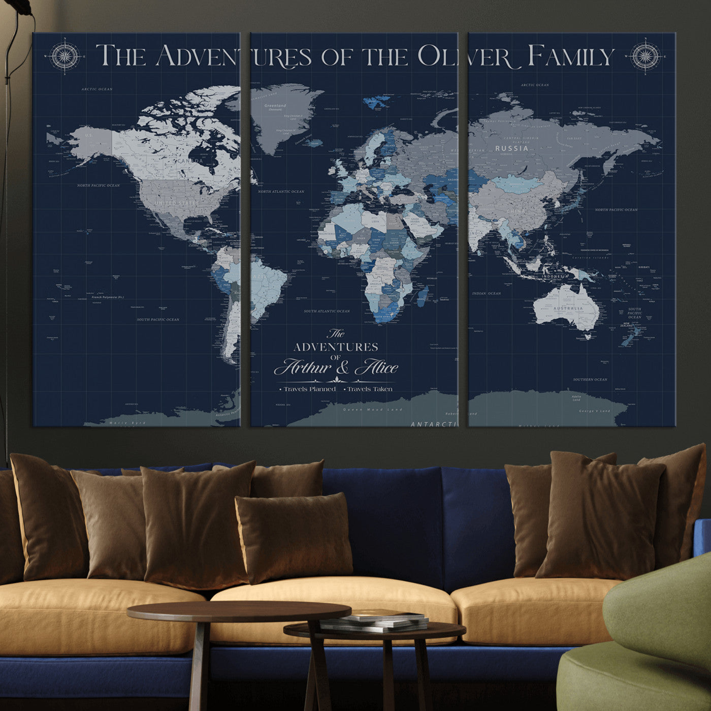 -Personalized Family Adventure World Map – Custom Framed Push Pin Travel Tracker Canvas, Elegant Wall Art for Home, Office