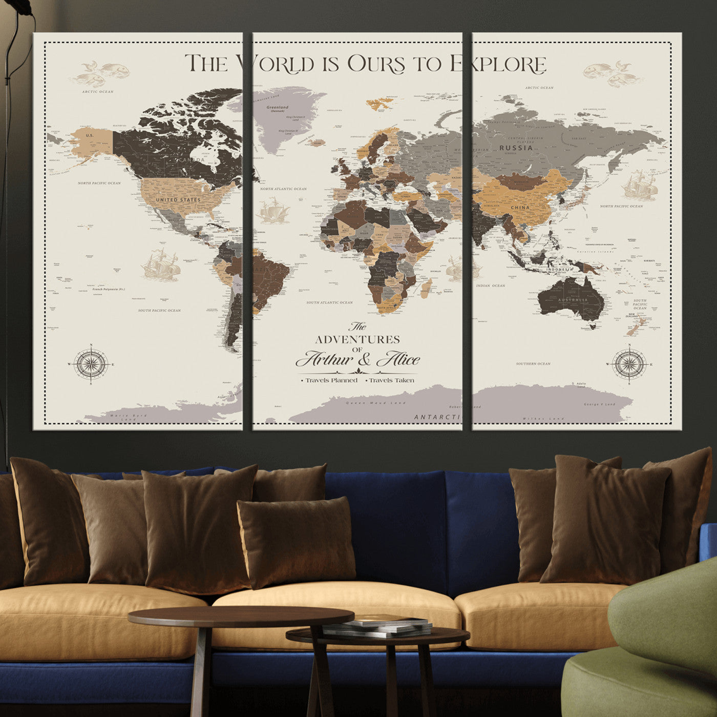 -Personalized World Map Canvas Custom Framed Push Pin Travel Tracker Contemporary Wall Art Gift Couples Explorers Home Office