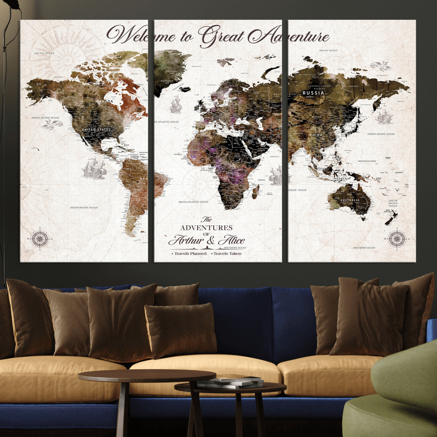 -Personalized World Map Canvas Custom Framed Push Pin Travel Tracker Vintage Adventure Wall Art Gift Couples Travelers Home, Office