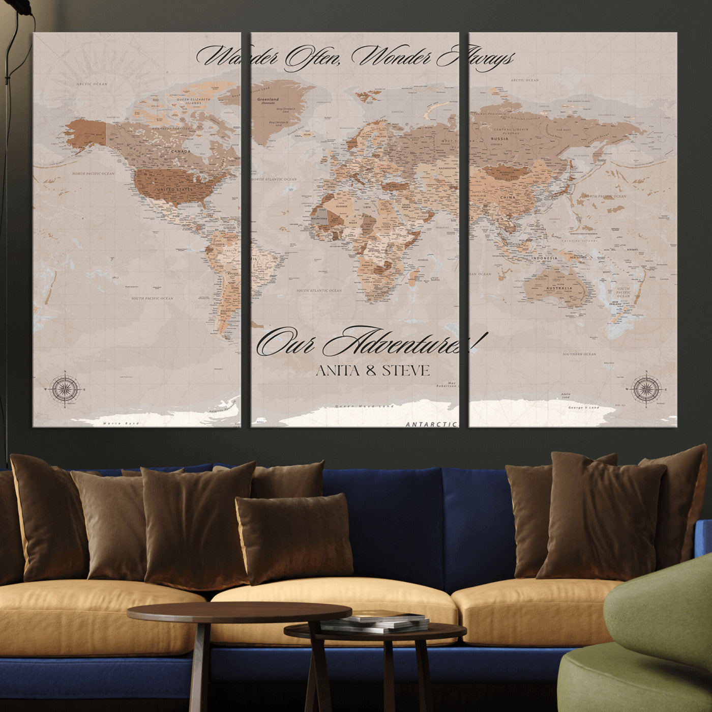 -Personalized World Map Canvas Custom Framed Push Pin Travel Tracker Elegant Neutral Wall Art Gift Couples Travelers for Home, Office