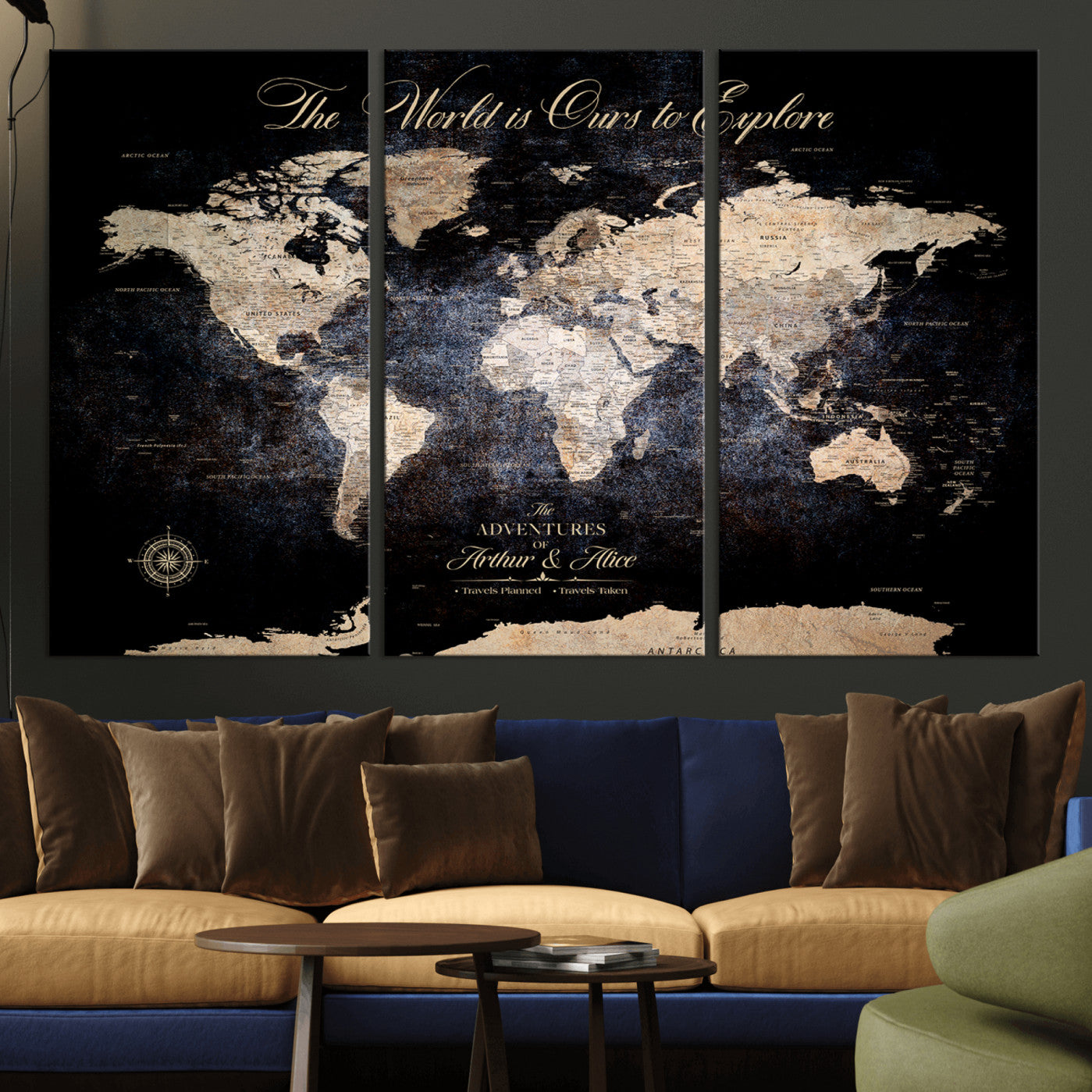 -Personalized Push Pin World Map Canvas Print Framed Custom Travel Tracker with 100 Pins Artwork for Home, Office