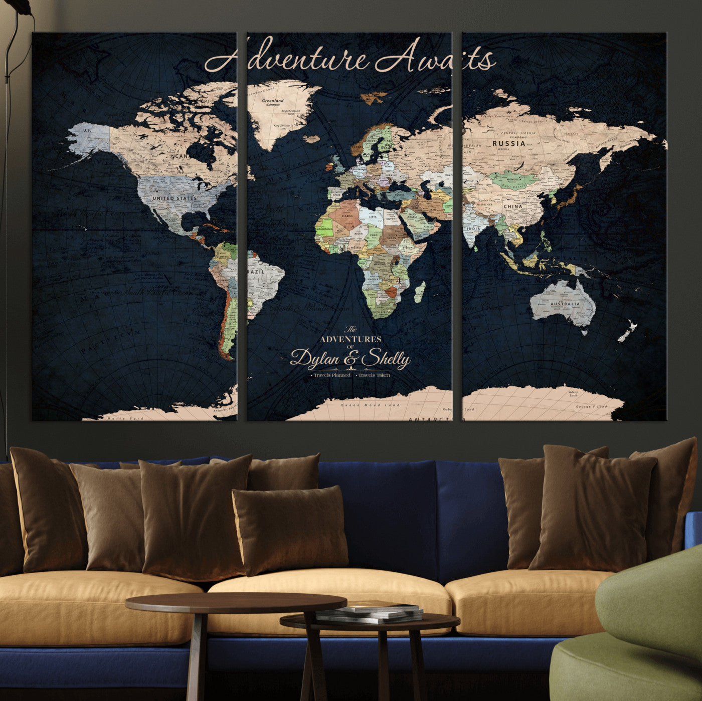 Rehber01-MGV-CV-36X24-Personalized World Map Canvas Print – Framed Push Pin Travel Wall Art for Couples – Adventure & Anniversary Gift