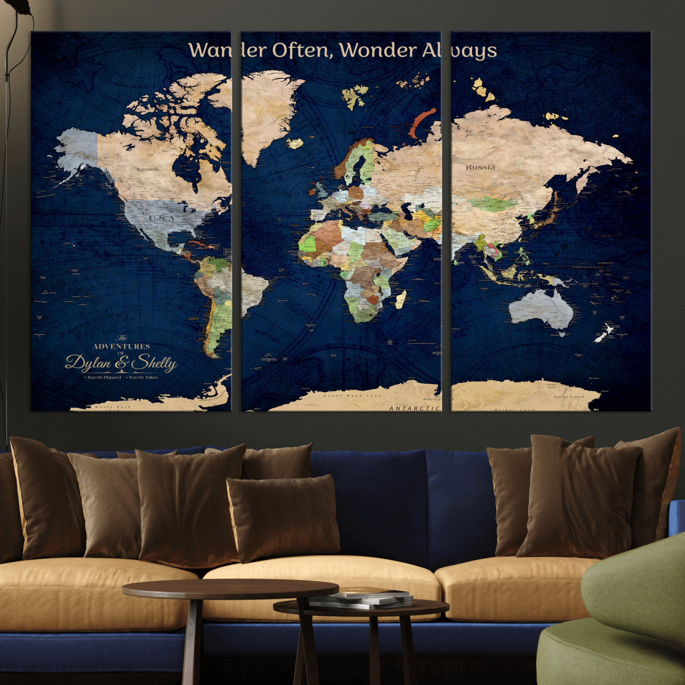 Rehber01-MGV-CV-36X24-Personalized World Map Canvas – Custom Framed Push Pin Travel Map Wall Art, Navy Blue Vintage Gift for Couples and Adventurers