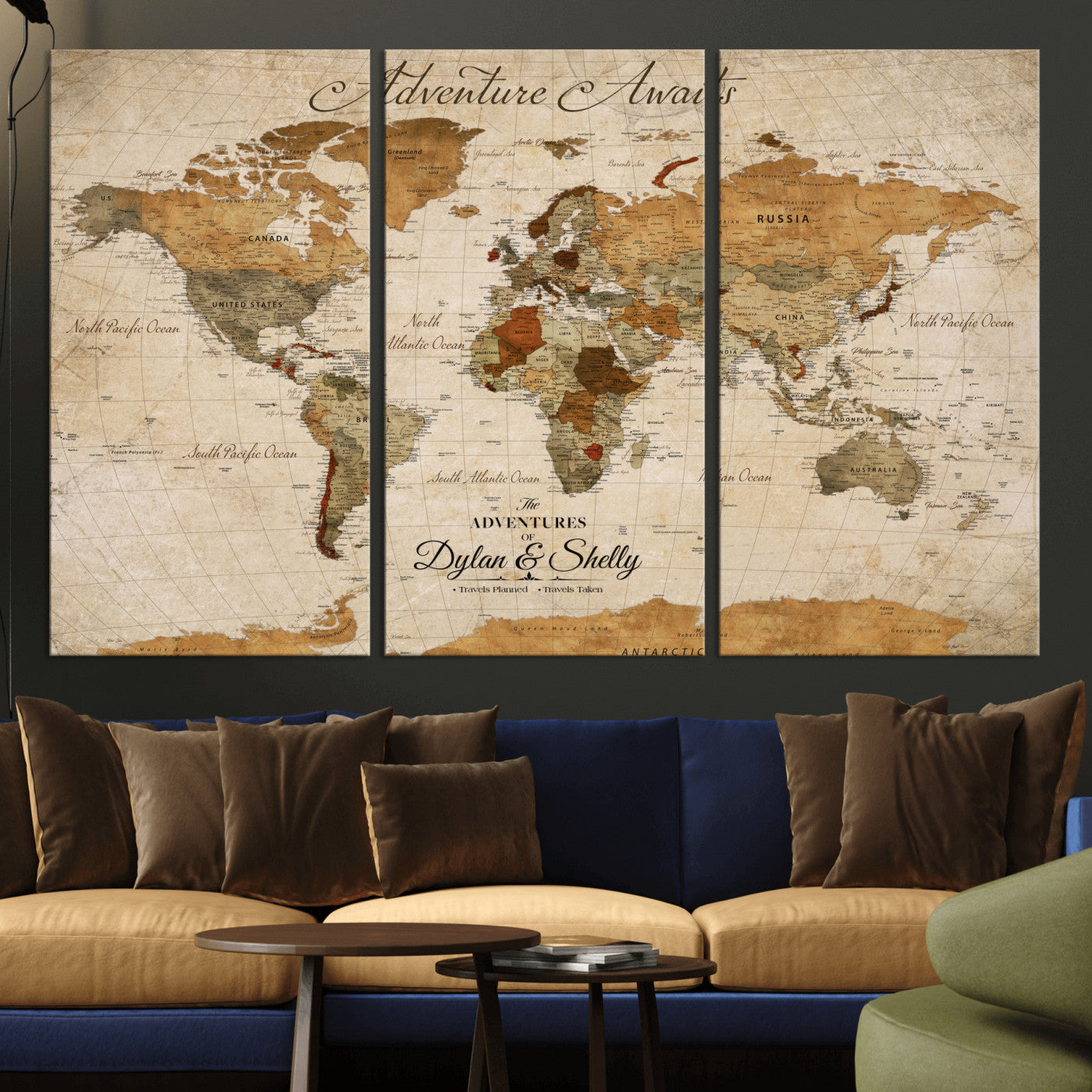 -Personalized Push Pin World Map Canvas Print – Custom Adventure Travel Map, Framed Wall Art Gift for Couples or Family