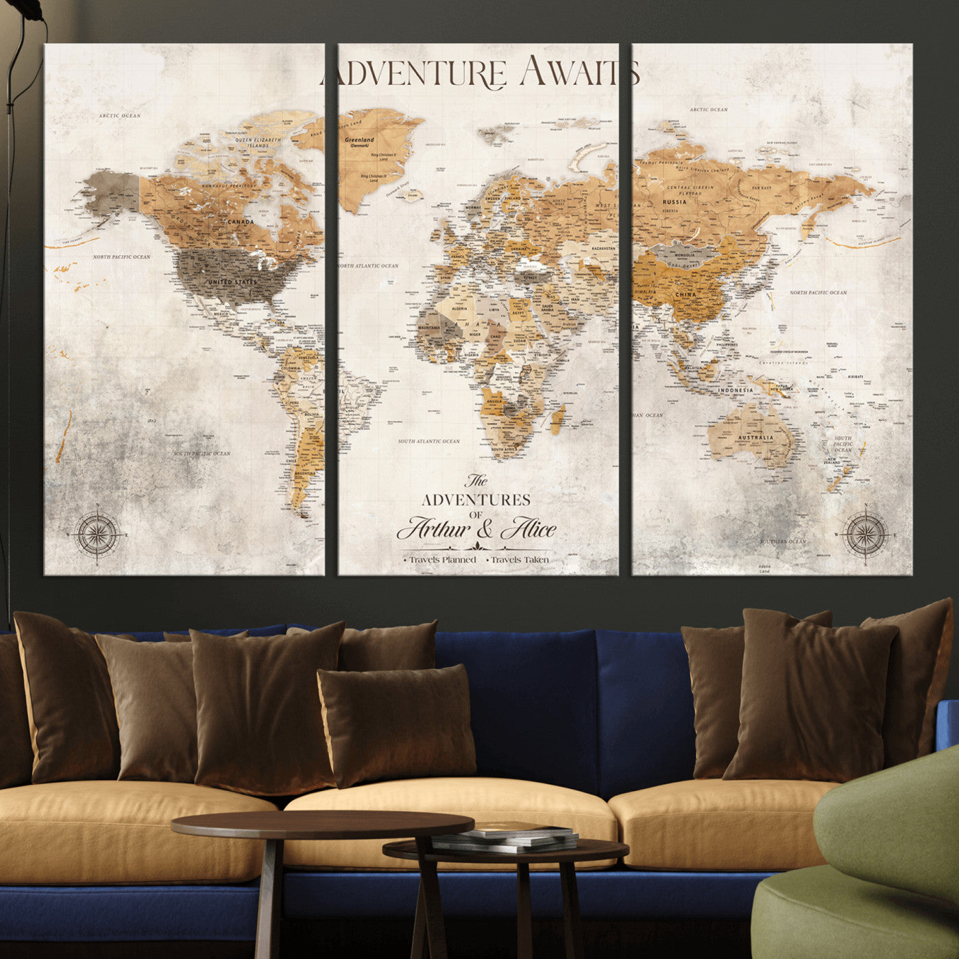 Rehber01-MGV-CV-36X24-Personalized World Map Canvas Print – Custom Push Pin Travel Map Vintage Neutral Style Gift for Couples Travelers for Home Office