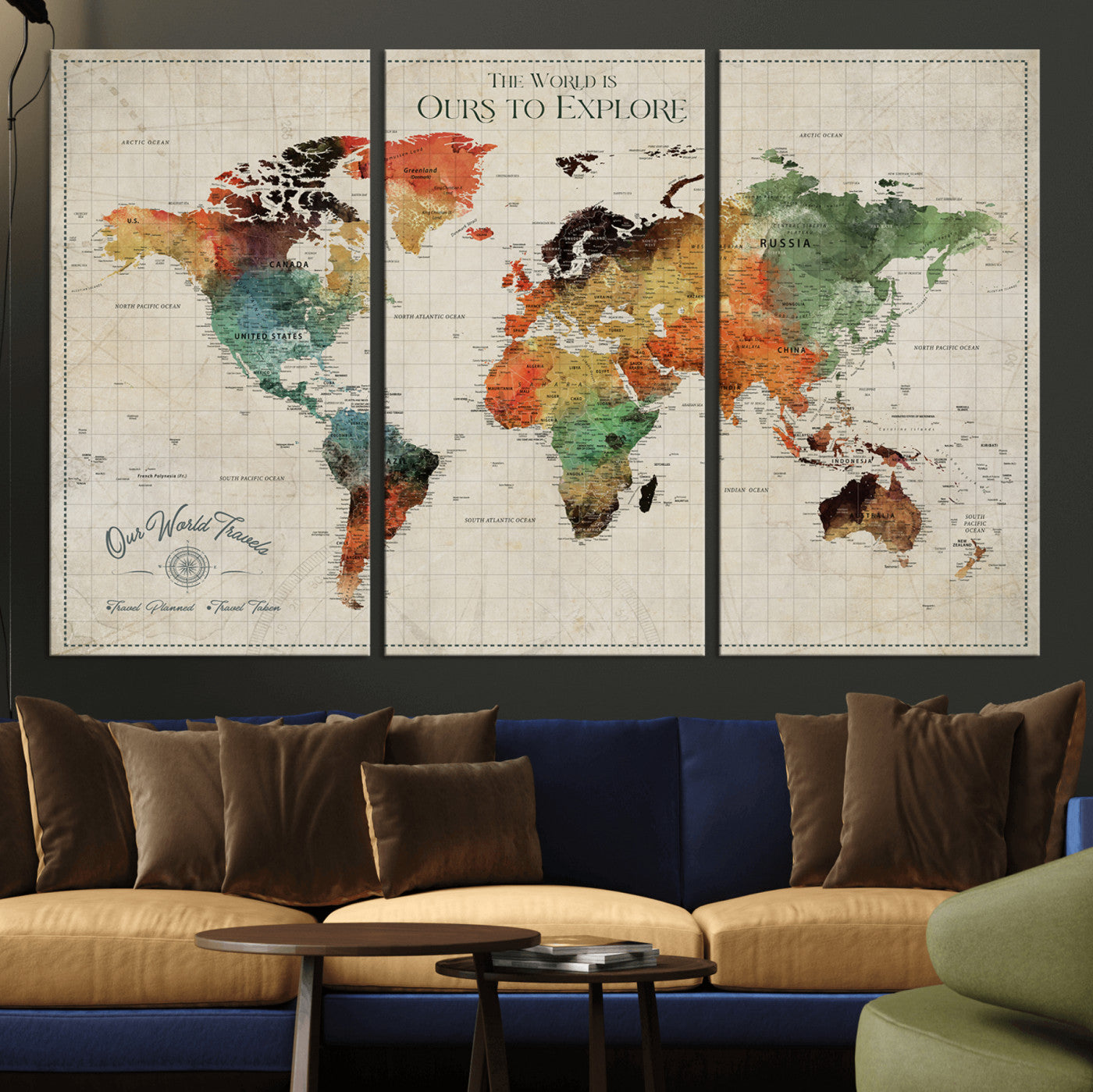 Rehber01-MGV-CV-36X24-Custom Push Pin World Map Wall Art Canvas Print – Personalized Travel Tracker Map Framed Artwork for Home Office