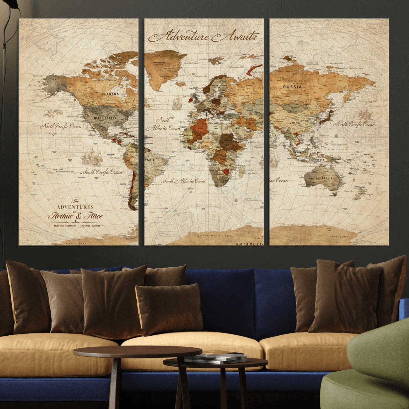 Rehber01-MGV-CV-36X24-Customizable Framed World Map Canvas Print – Personalized Push Pin Travel Map Gift for Couples Explorers for Home, Office