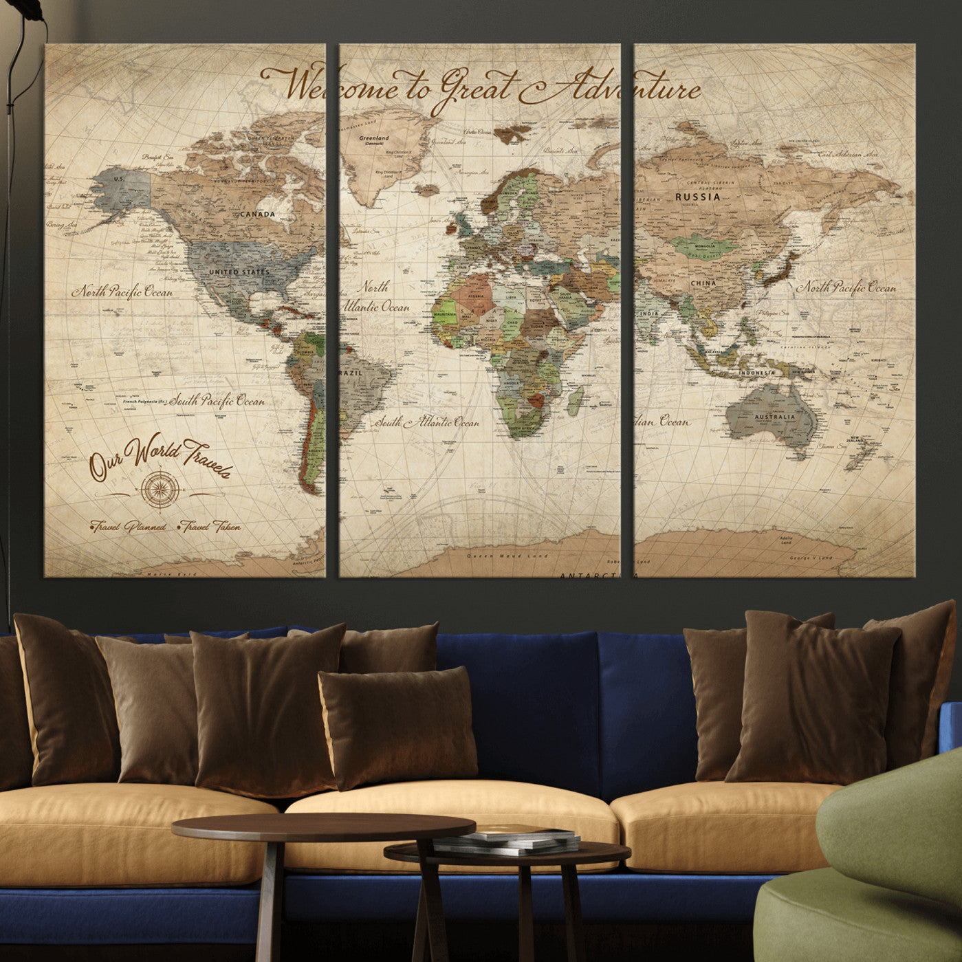 Rehber01-MGV-CV-36X24-Personalized Antique World Map Canvas Print – Custom Push Pin Travel Tracker Vintage Adventure Gift for Couples for Home, Office
