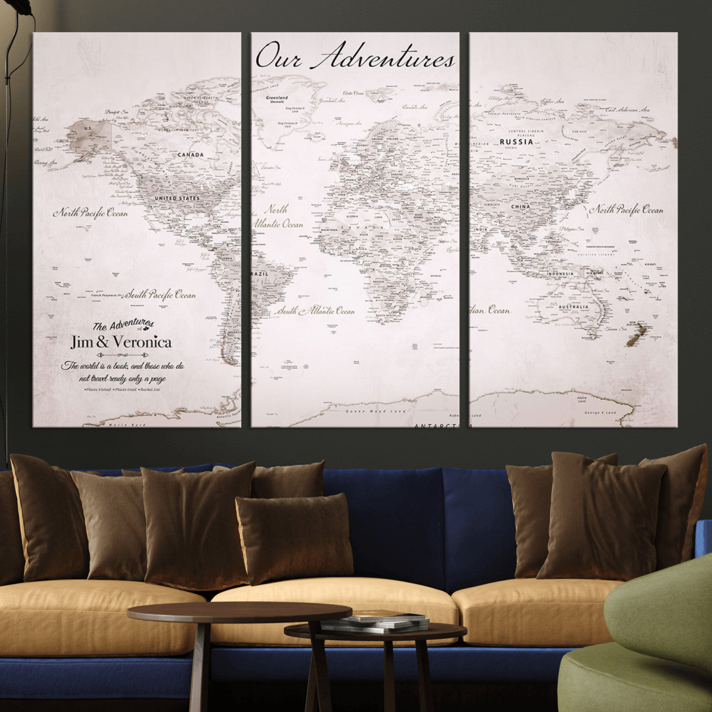 14561774-MGV-CV-36X24-Custom Push Pin World Map Wall Art – Personalized Travel Canvas Print with Foam Pins Framed Decor for Home, Office