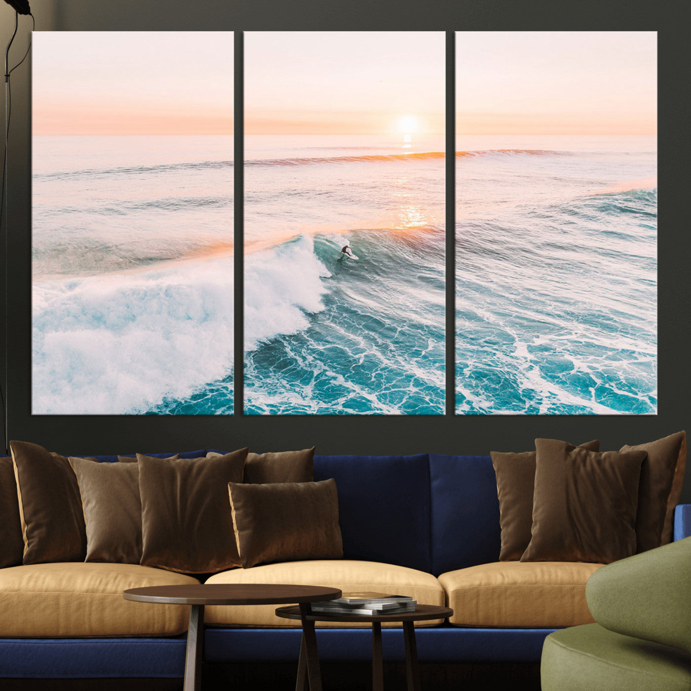 34064591-MGV-CV-36X24 - Sunset Surfing Wall Art Canvas Print, Ocean Wave Surfer with Golden Sky Artwork for Home, Office, Living Room