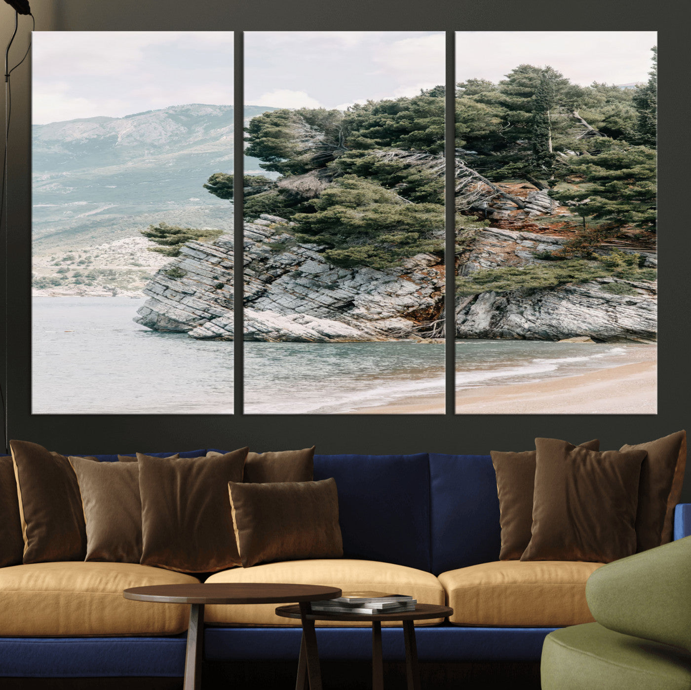 MGV-CV-48X32-3P - Coastal Rock Canvas Wall Art Print, Scenic Beach Landscape, Pine Trees on Rocky Cliff, Large Nature