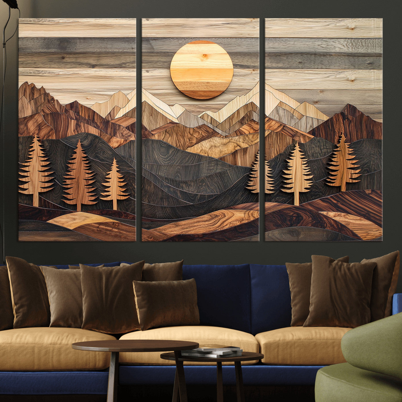 MGV-CV-48X32-3P - Wooden Mountain Layers Canvas Wall Art – Rustic Pine Tree Landscape with Sunlight Artistic Nature