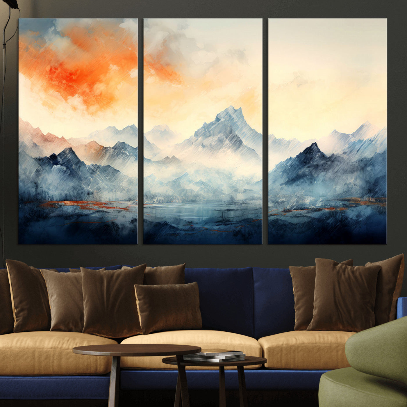 WRM1005-MGV-CV-48X32-3P - Warm Clouds Abstract Mountain Wall Art, Modern Landscape Canvas Print, Minimal Framed Artwork for Home, Office