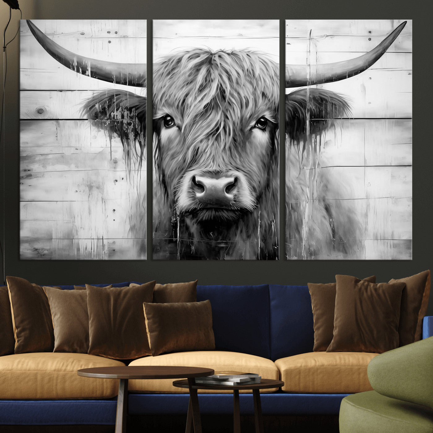 1001HASAN27-MGV-CV-48X32-3P - Black White Highland Cow Wall Art Canvas Print