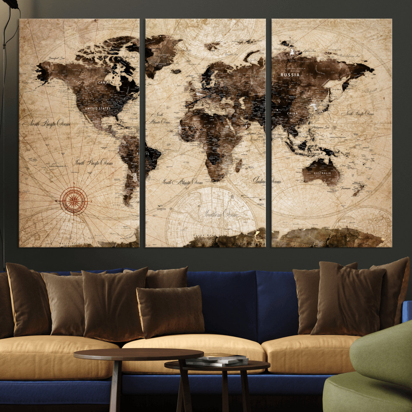 97114757-MGV-CV-48X32-3P - Vintage World Map Wall Art Canvas Print, Modern Decorative Framed Map Artwork Prints for Living Room, Office, Bedroom Wall Decor