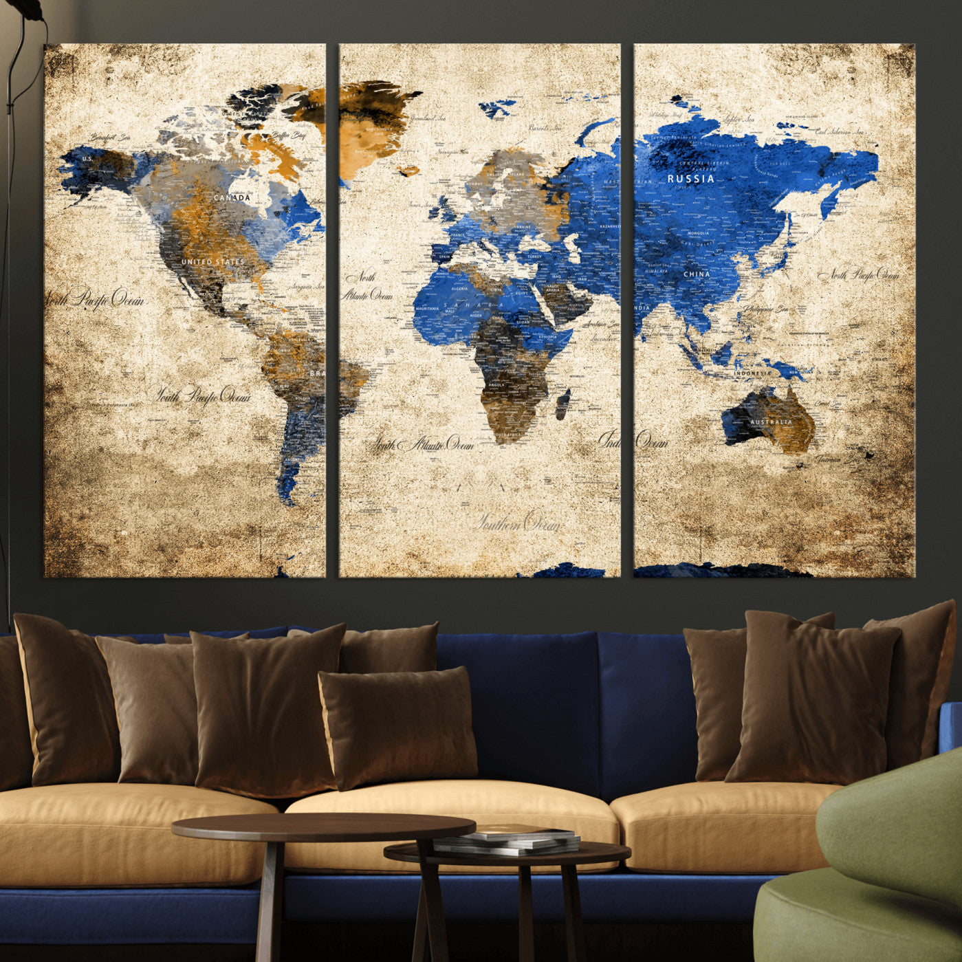 13564339-MGV-CV-48X32-3P - World Map Wall Art Canvas Print, Modern Decorative Framed Map Artwork Prints for Living Room, Office, Bedroom Wall Decor