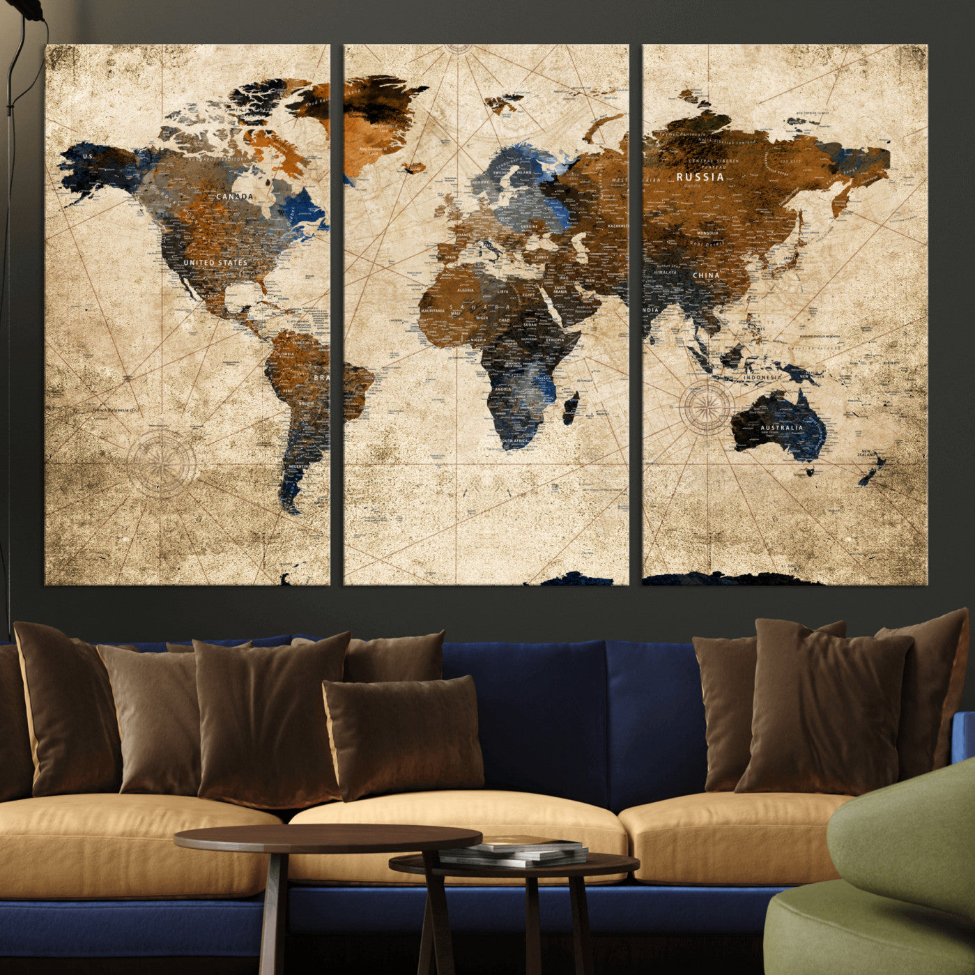 56297284-MGV-CV-48X32-3P - World Map Wall Art Canvas Print, Modern Decorative Framed Map Artwork Prints for Living Room, Office, Bedroom Wall Decor