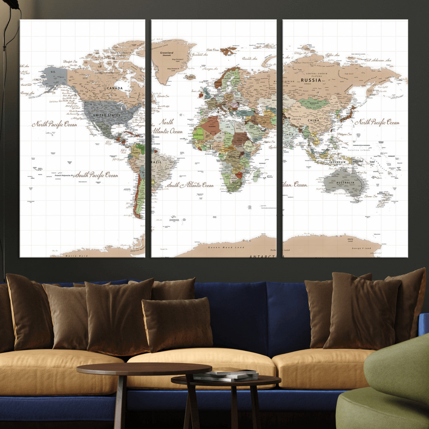 91286788-MGV-CV-36X24 - World Map Wall Art Canvas Print, Modern Decorative Framed Map Artwork Prints for Living Room, Office, Bedroom Wall Decor