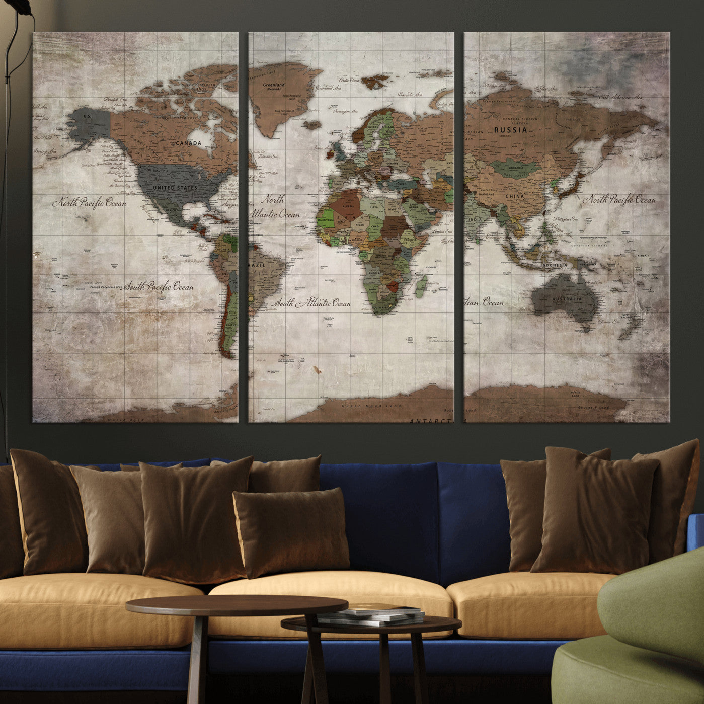 65393892-MGV-CV-36X24 - World Map Wall Art Canvas Print, Modern Decorative Framed Map Artwork Prints for Living Room, Office, Bedroom Wall Decor