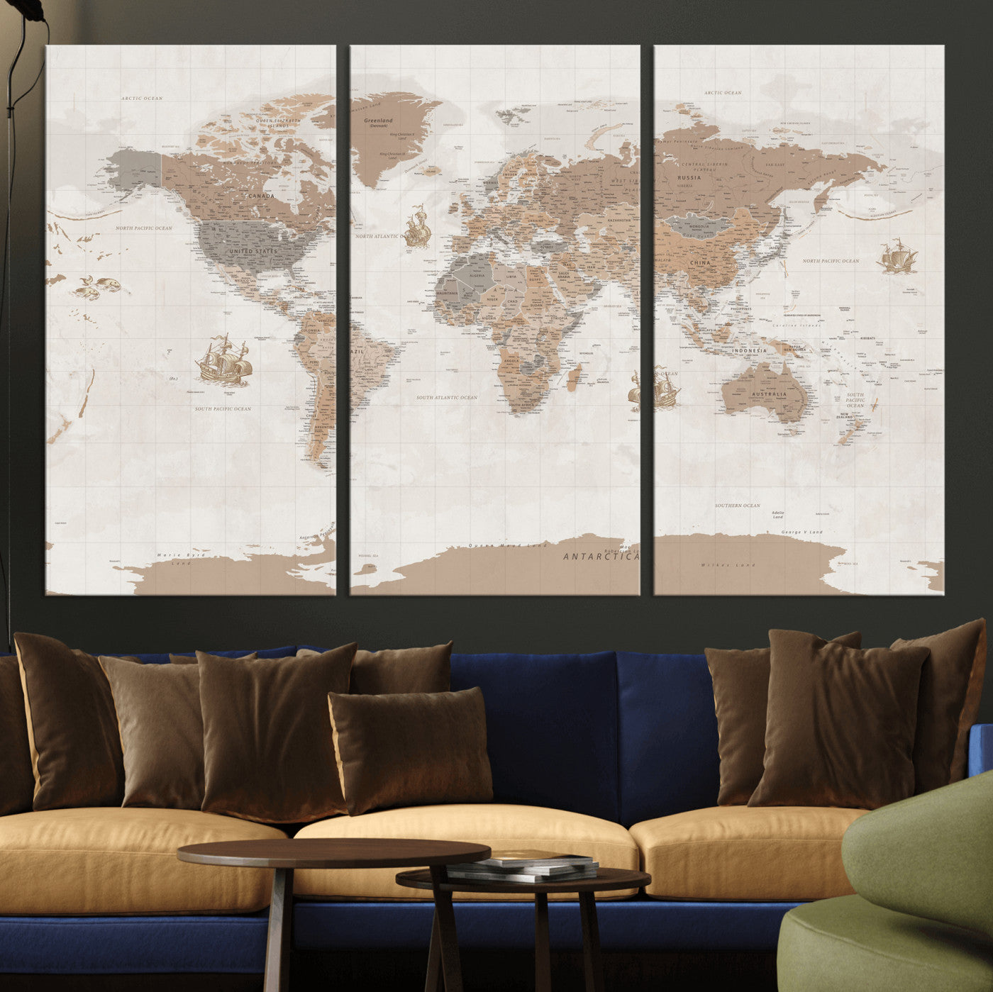 85057279-MGV-CV-36X24 - World Map Wall Art Canvas Print, Modern Decorative Framed Map Artwork Prints for Living Room, Office, Bedroom Wall Decor