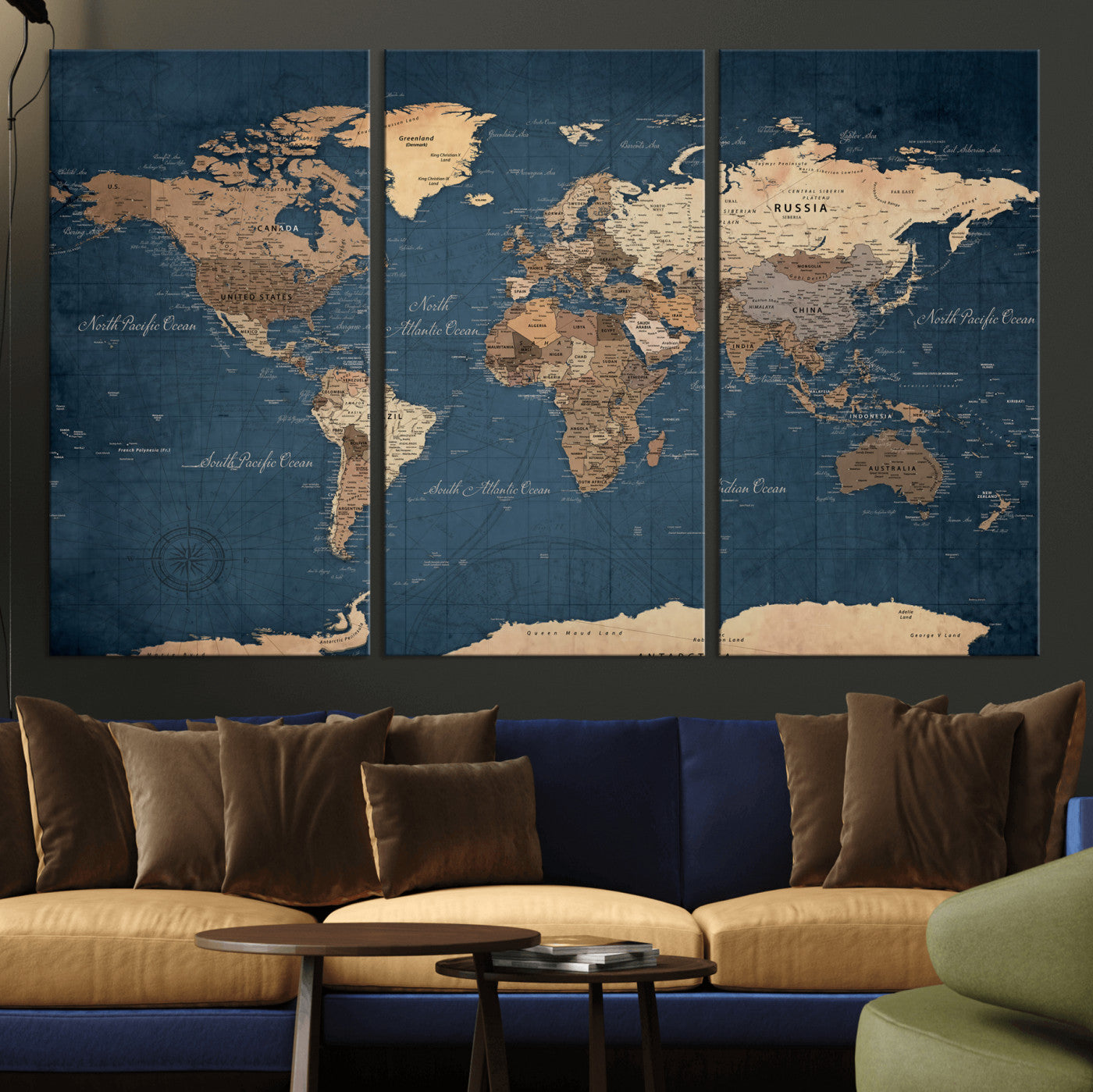 69886352-MGV-CV-36X24 - World Map Wall Art Canvas Print, Modern Decorative Framed Map Artwork Prints for Living Room, Office, Bedroom Wall Decor