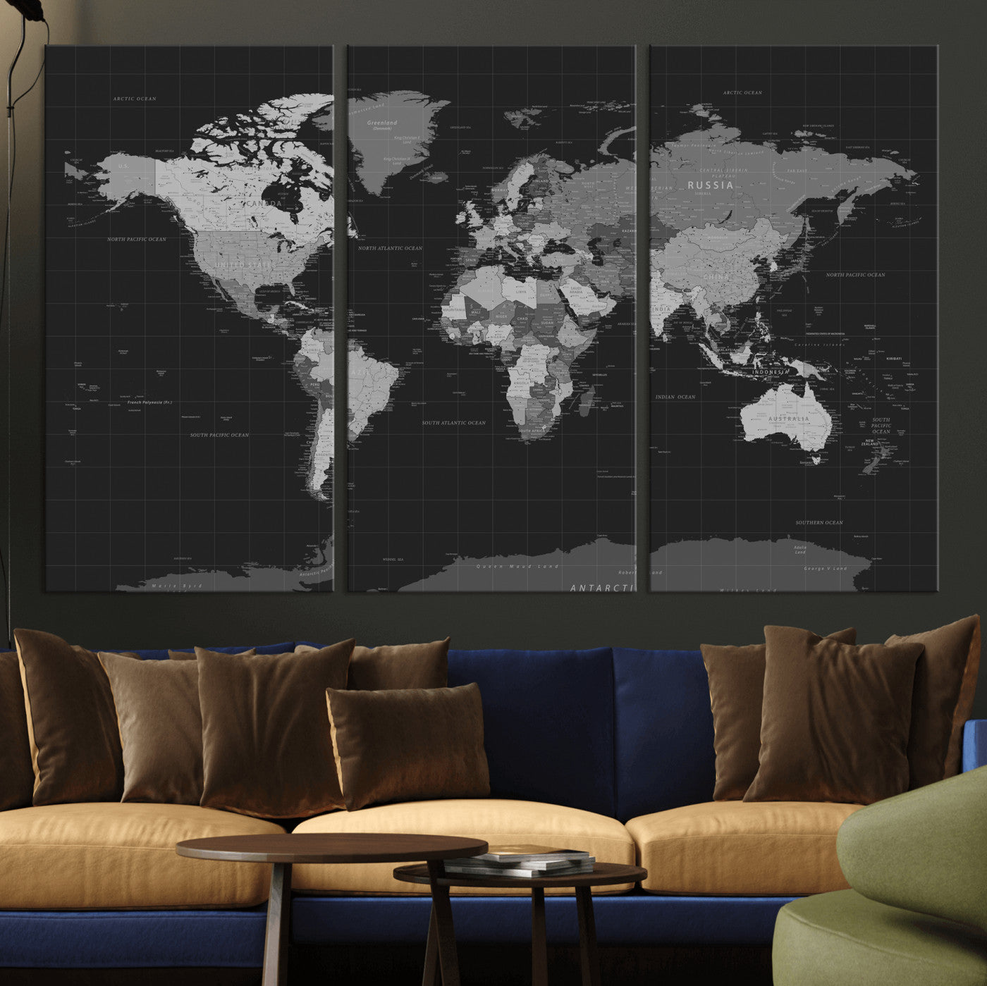46160121-MGV-CV-36X24 - World Map Wall Art Canvas Print, Modern Decorative Framed Map Artwork Prints for Living Room, Office, Bedroom Wall Decor