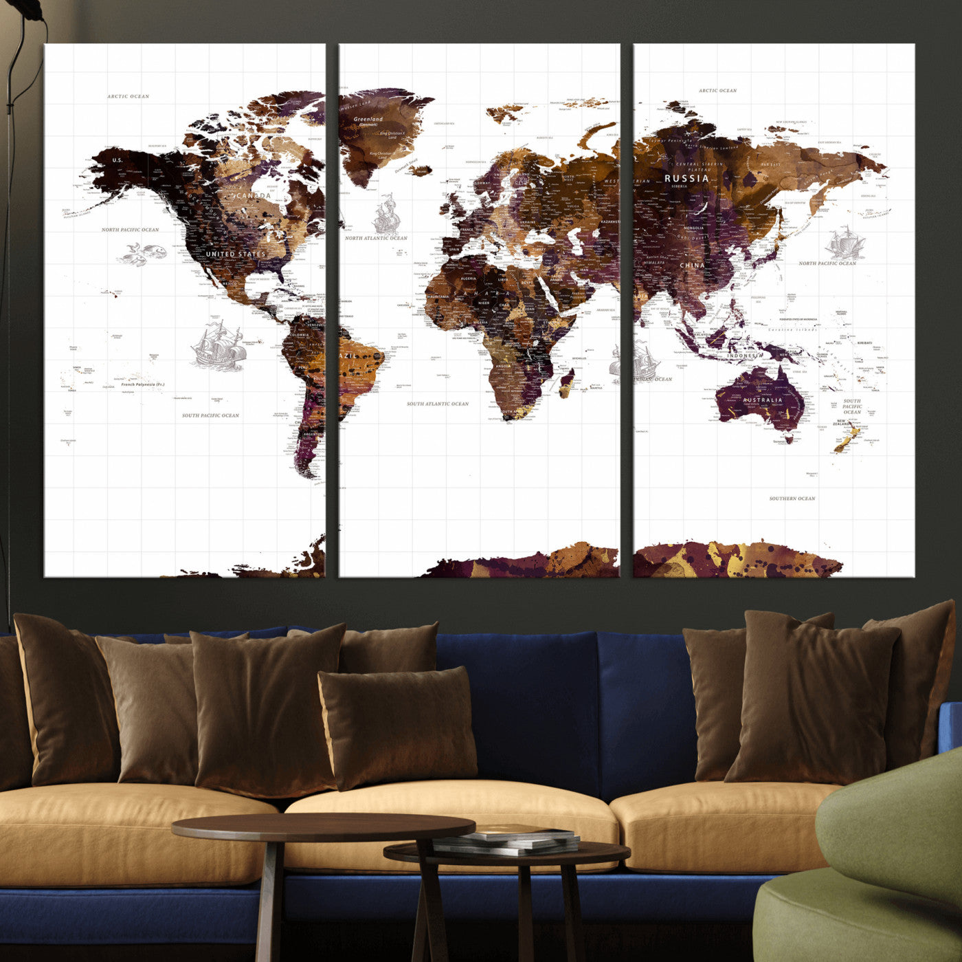 34792695-MGV-CV-36X24 - World Map Wall Art Canvas Print, Modern Decorative Framed Map Artwork Prints for Living Room, Office, Bedroom Wall Decor