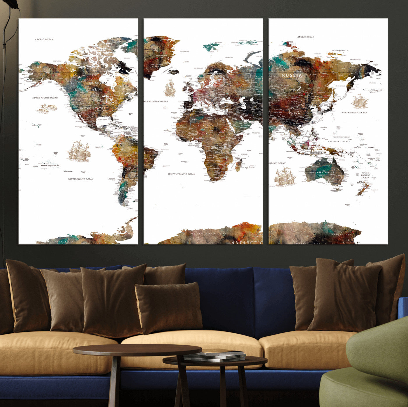 82293175-MGV-CV-36X24 - World Map Wall Art Canvas Print, Modern Decorative Framed Map Artwork Prints for Living Room, Office, Bedroom Wall Decor