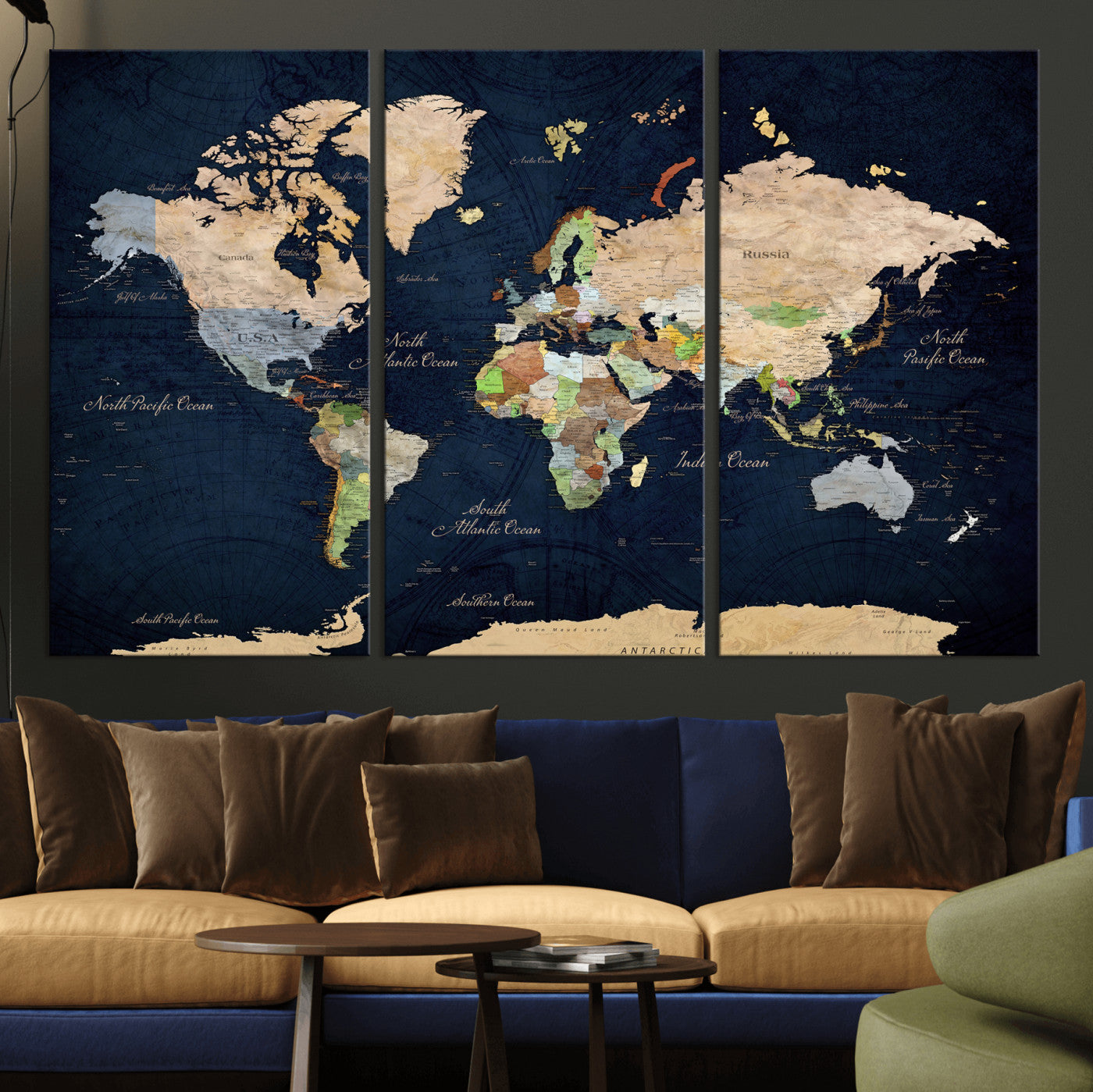 76603563-MGV-CV-36X24 - World Map Wall Art Canvas Print, Modern Decorative Framed Map Artwork Prints for Living Room, Office, Bedroom Wall Decor