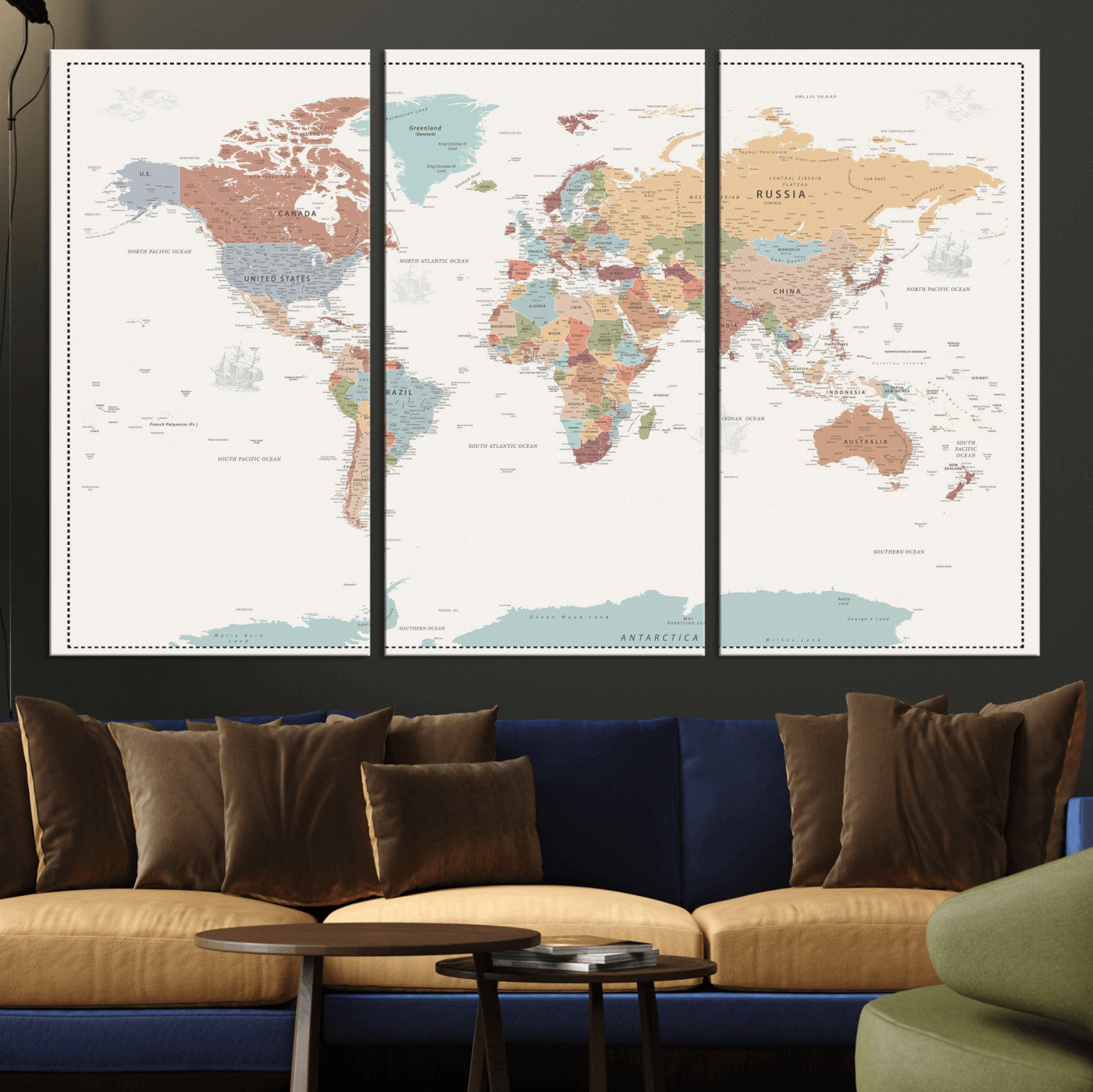 63447567-MGV-CV-36X24 - World Map Wall Art Canvas Print, Modern Decorative Framed Map Artwork Prints for Living Room, Office, Bedroom Wall Decor