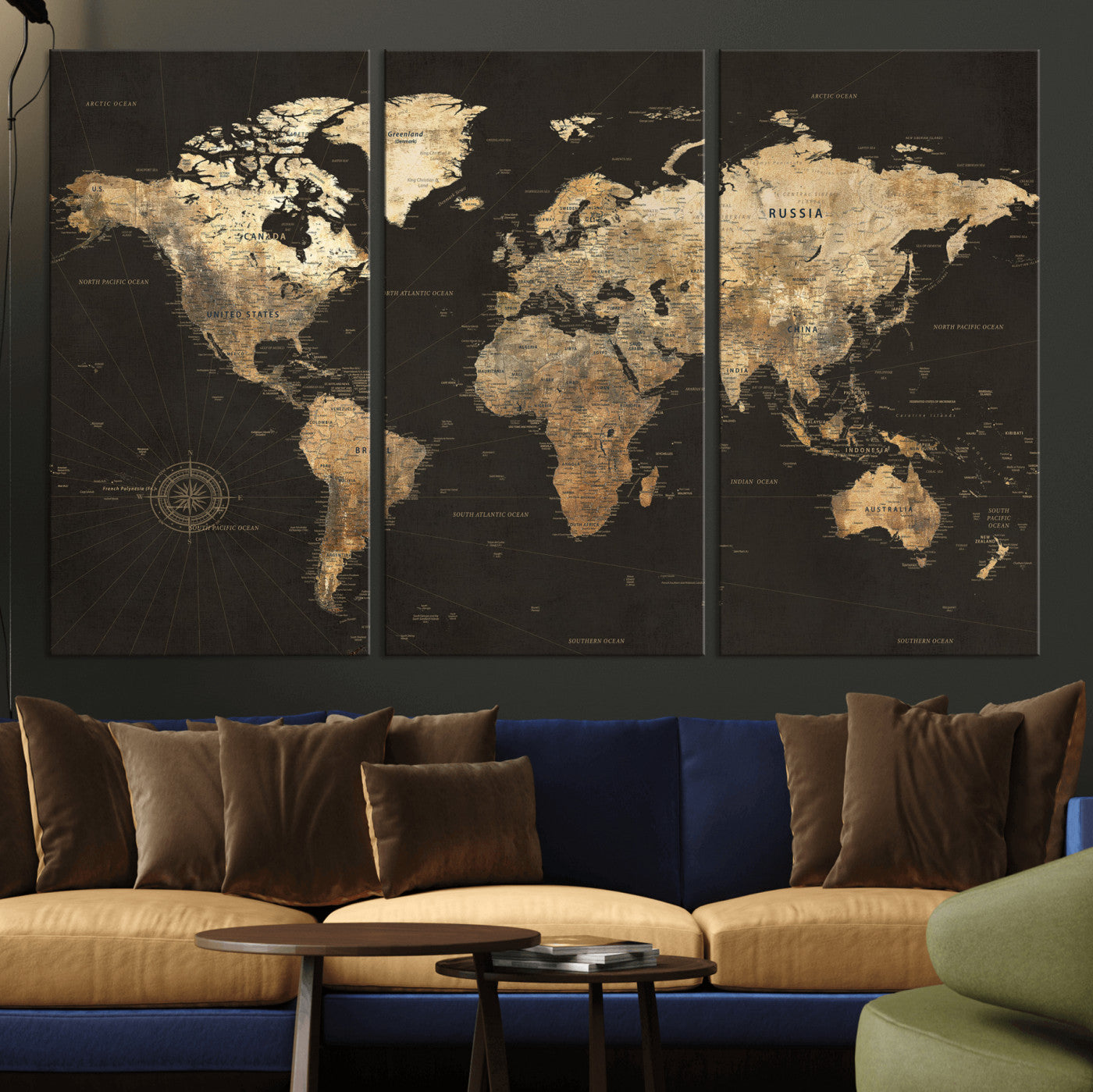 70985630-MGV-CV-36X24 - World Map Wall Art Canvas Print, Modern Decorative Framed Map Artwork Prints for Living Room, Office, Bedroom Wall Decor