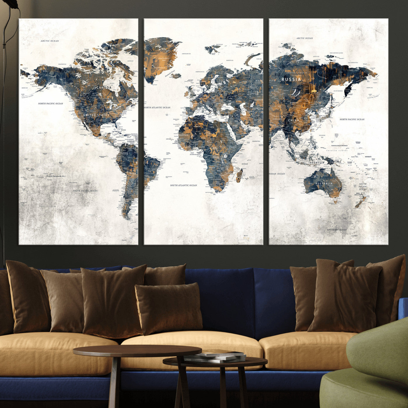52451147-MGV-CV-36X24 - World Map Wall Art Canvas Print, Modern Decorative Framed Map Artwork Prints for Living Room, Office, Bedroom Wall Decor