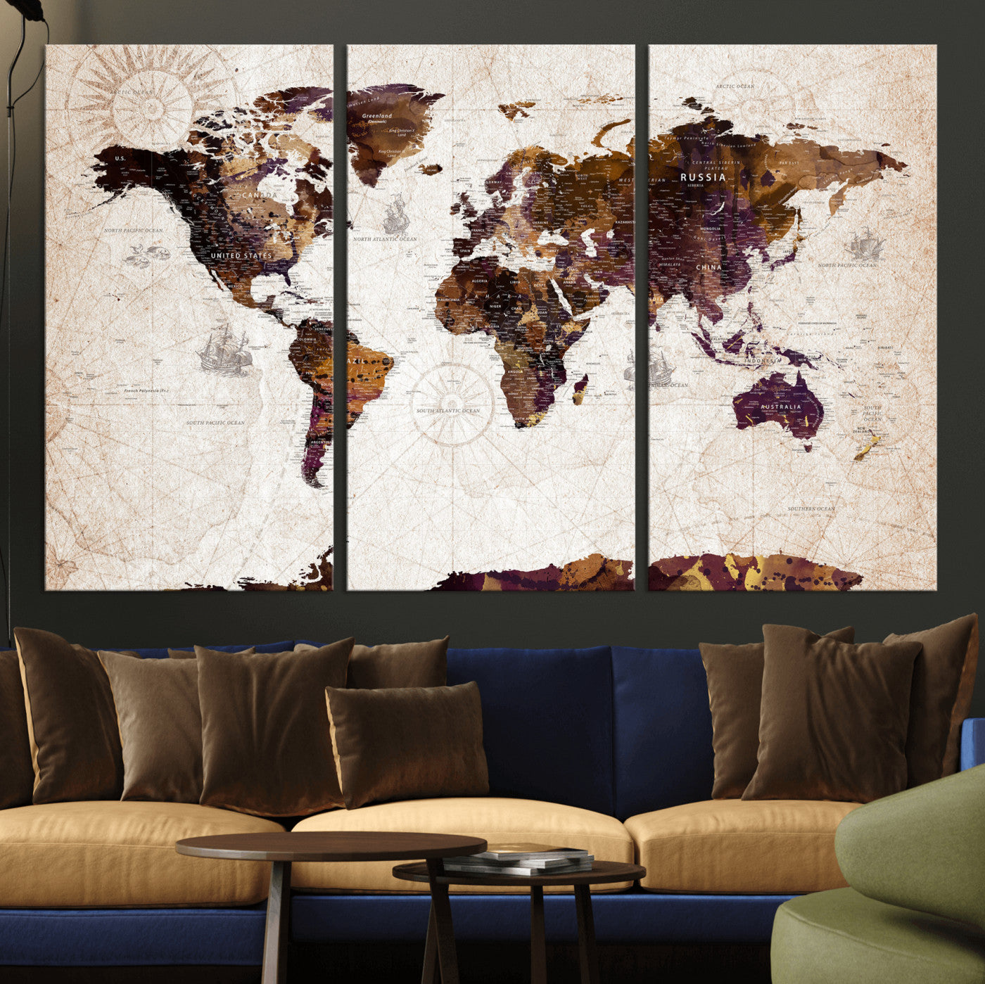 53400857-MGV-CV-36X24 - World Map Wall Art Canvas Print, Modern Decorative Framed Map Artwork Prints for Living Room, Office, Bedroom Wall Decor