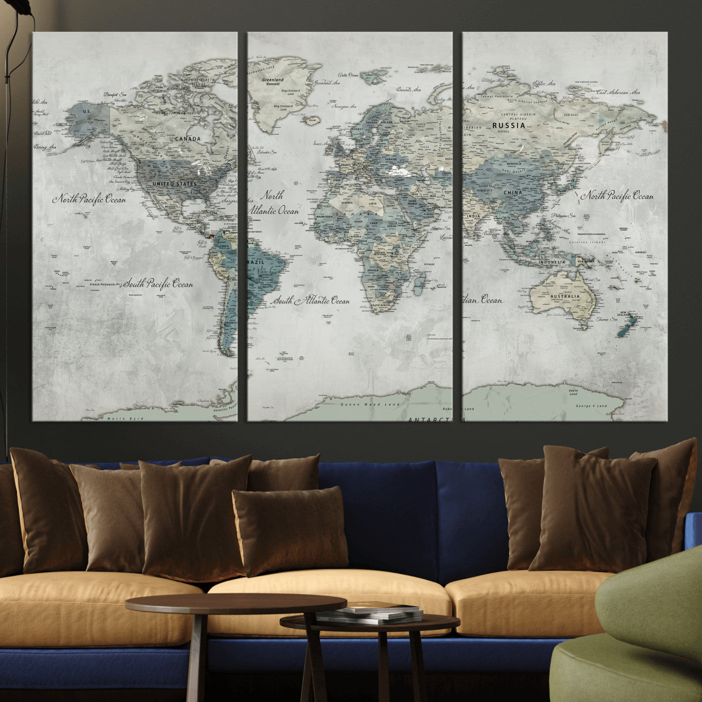 91132939-MGV-CV-36X24 - World Map Wall Art Canvas Print, Modern Decorative Framed Map Artwork Prints for Living Room, Office, Bedroom Wall Decor