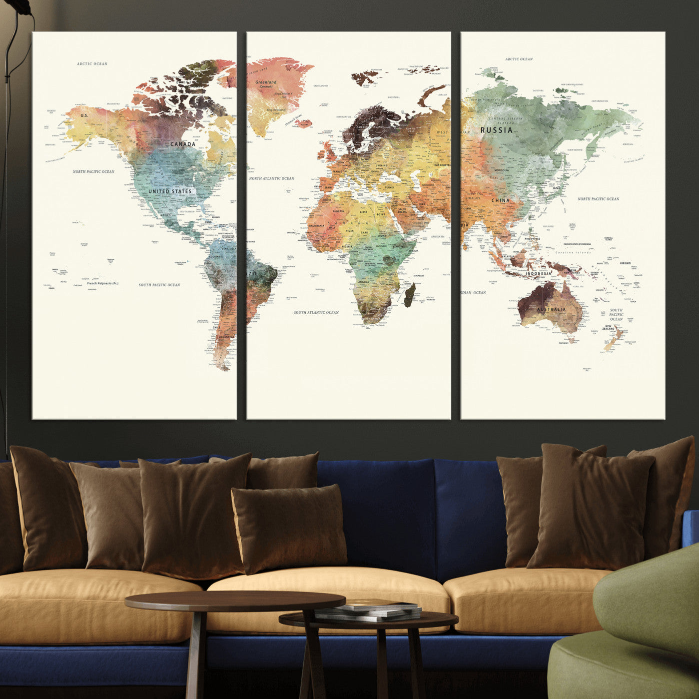 64206059-MGV-CV-36X24 - World Map Wall Art Canvas Print, Modern Decorative Framed Map Artwork Prints for Living Room, Office, Bedroom Wall Decor
