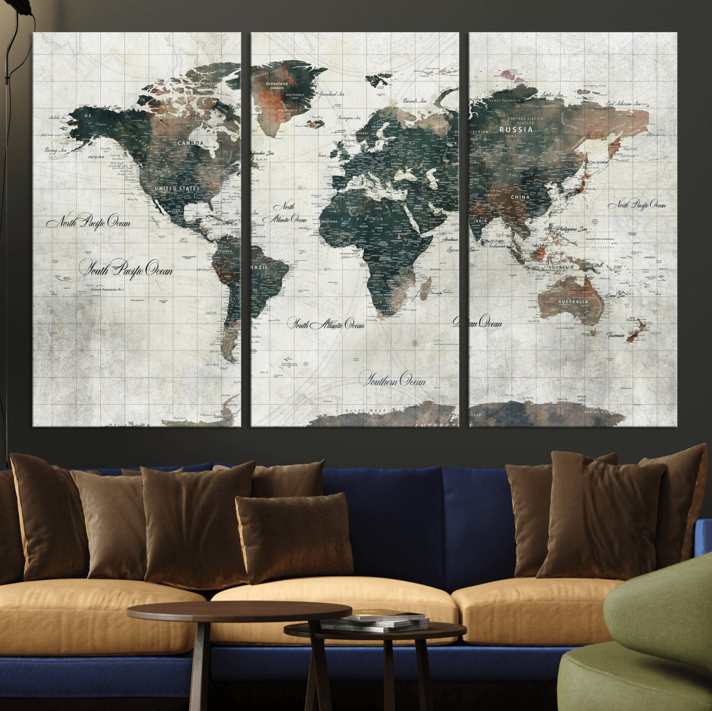 91179593-MGV-CV-36X24 - World Map Wall Art Canvas Print, Modern Decorative Framed Map Artwork Prints for Living Room, Office, Bedroom Wall Decor