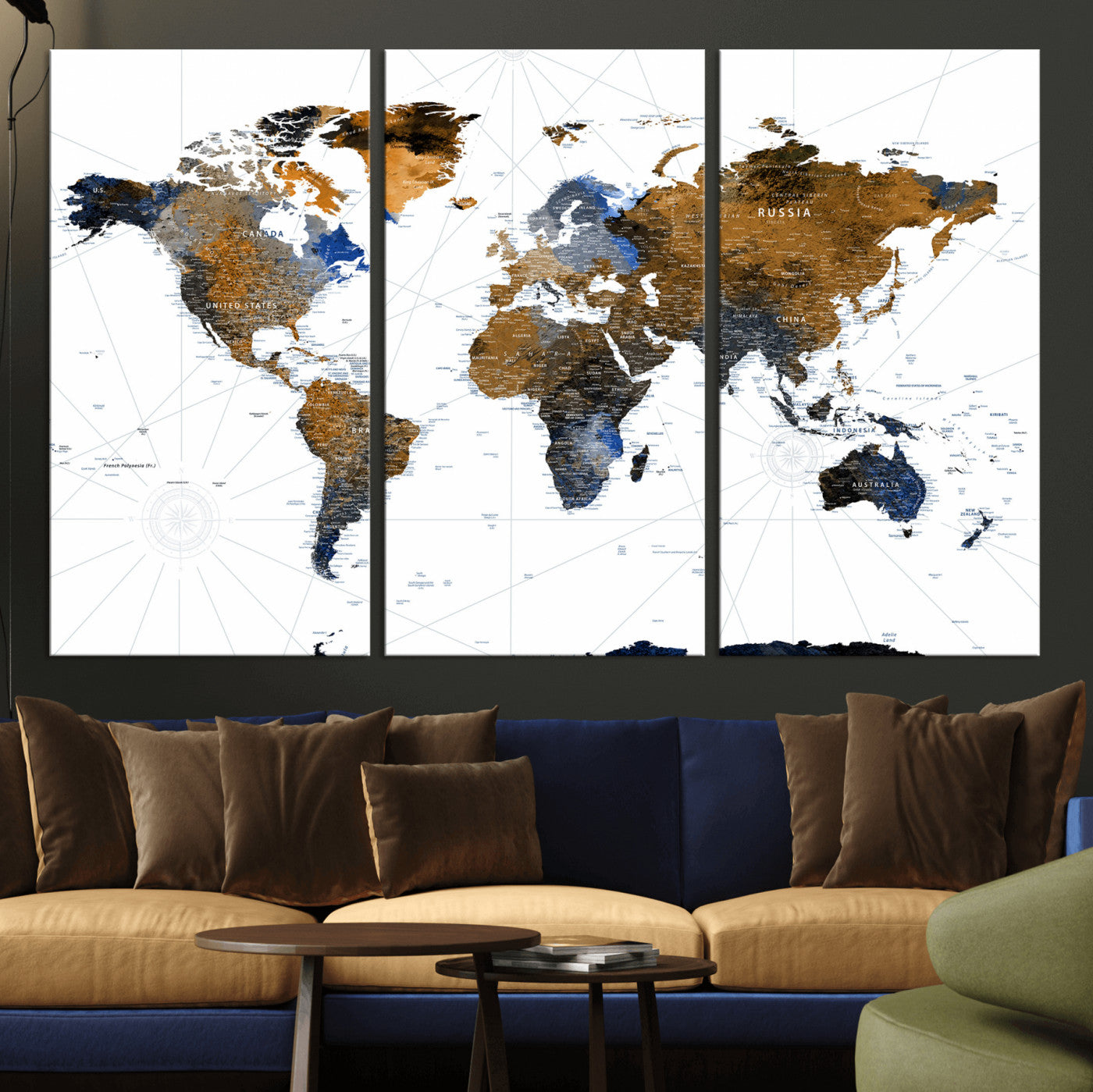56364879-MGV-CV-36X24 - World Map Wall Art Canvas Print, Modern Decorative Framed Map Artwork Prints for Living Room Decor